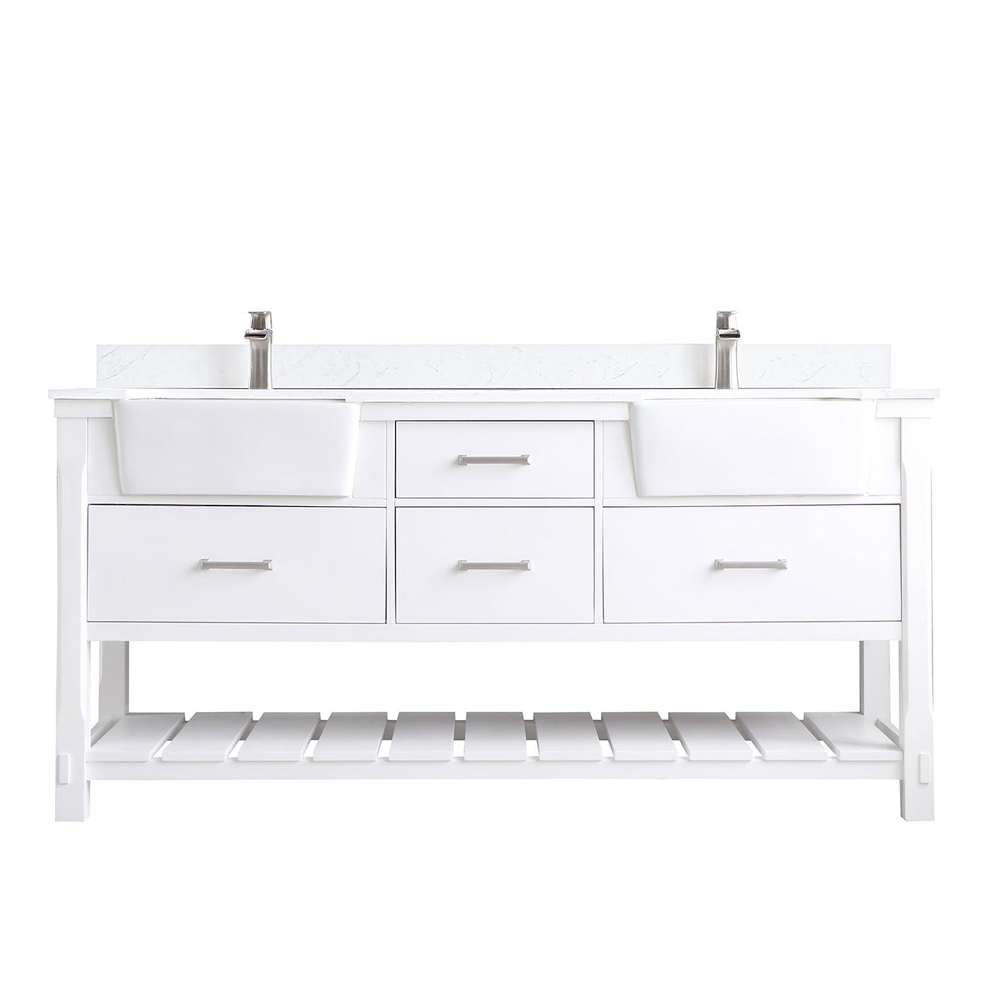 Georgia 72" Double Bathroom Vanity Set in White and Aosta White Composite Stone Top with White Farmhouse Basin without Mirror