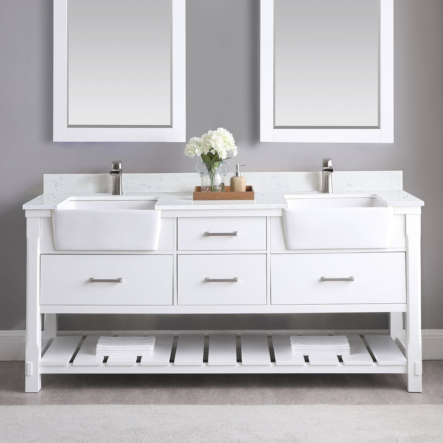 Georgia 72" Double Bathroom Vanity Set in White and Aosta White Composite Stone Top with White Farmhouse Basin without Mirror