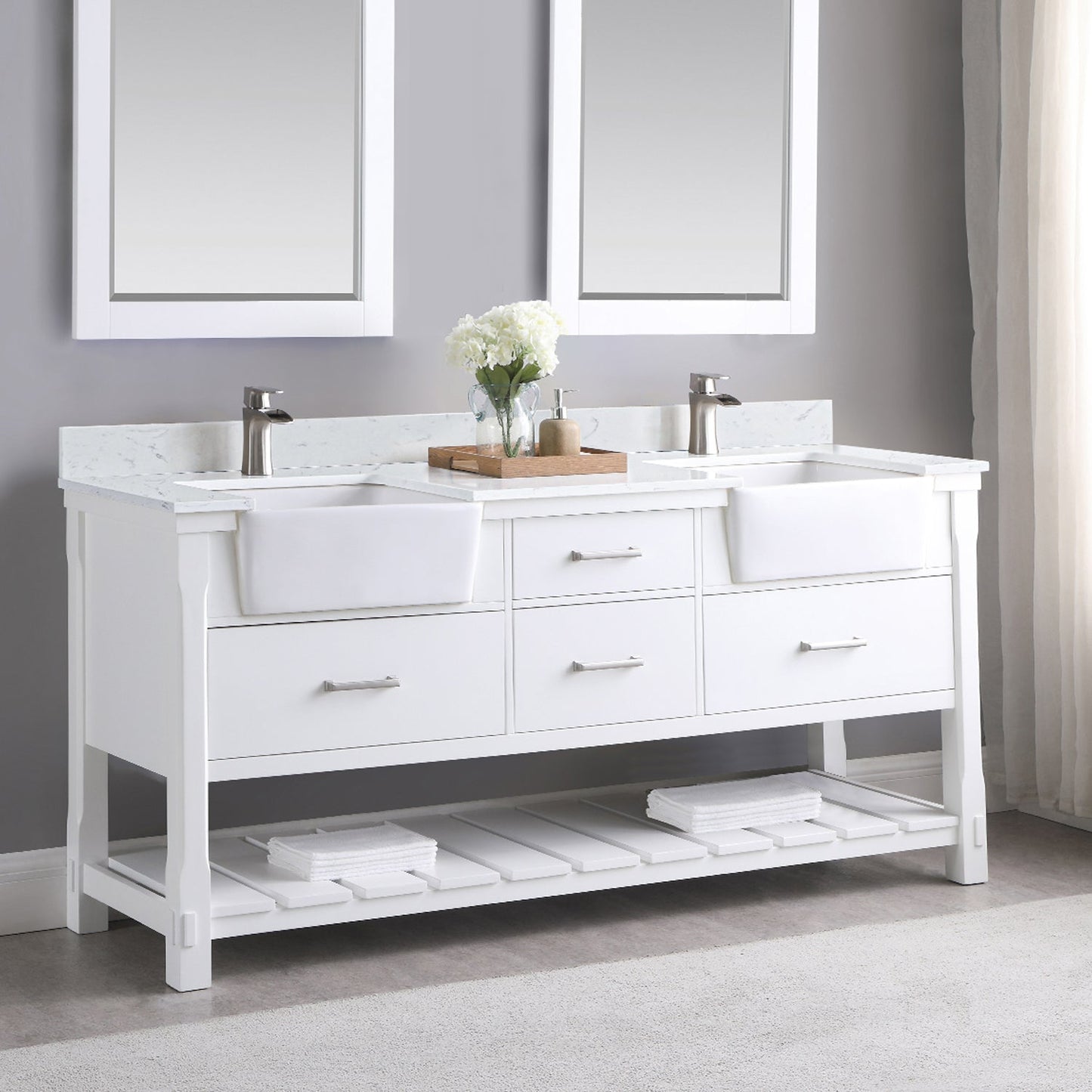 Georgia 72" Double Bathroom Vanity Set in White and Aosta White Composite Stone Top with White Farmhouse Basin without Mirror