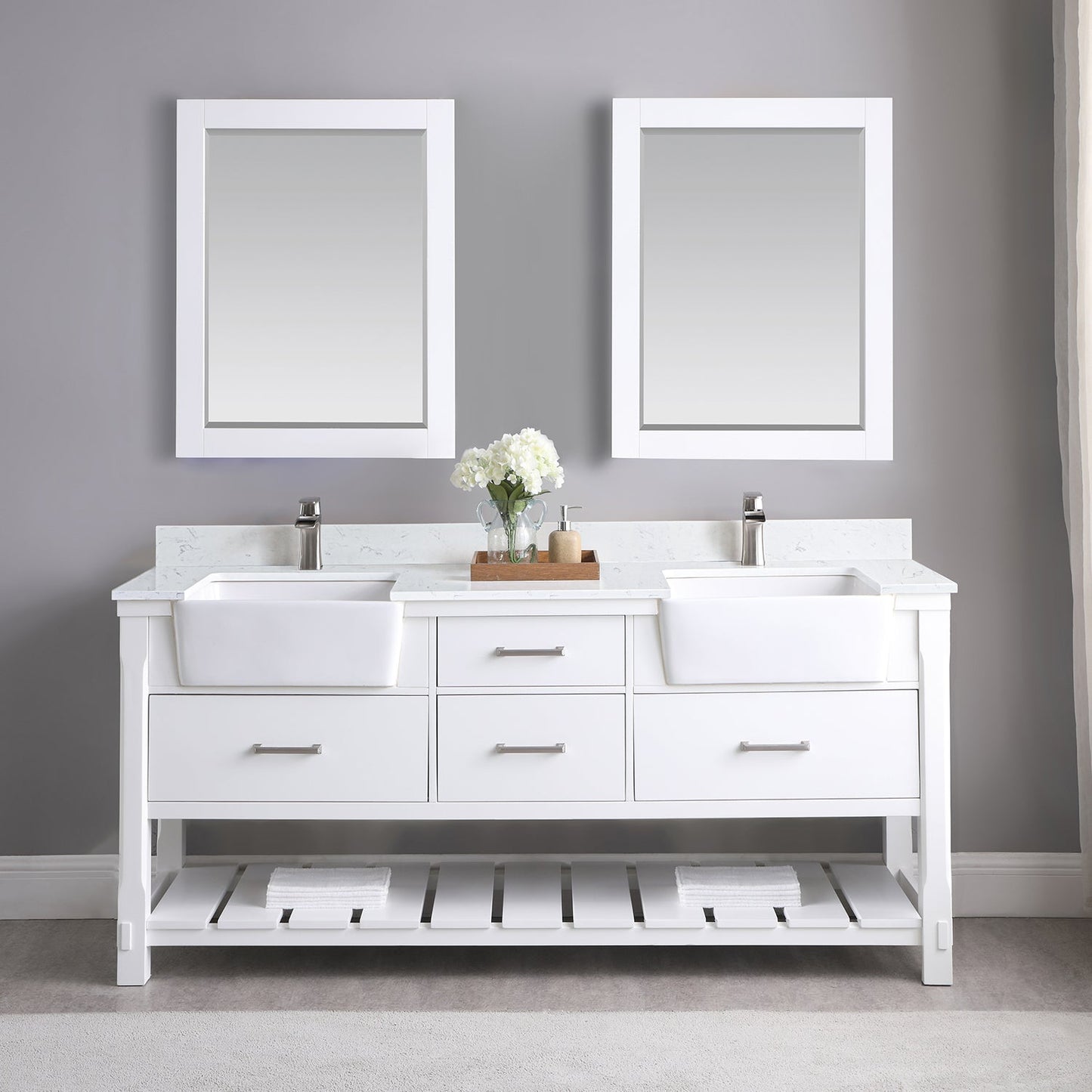 Georgia 72" Double Bathroom Vanity Set in White and Aosta White Composite Stone Top with White Farmhouse Basin without Mirror