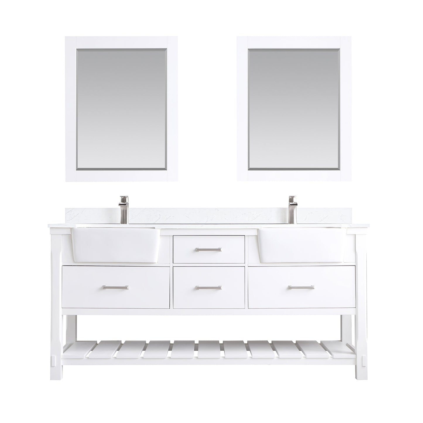 Georgia 72" Double Bathroom Vanity Set in White and Aosta White Composite Stone Top with White Farmhouse Basin with Mirror