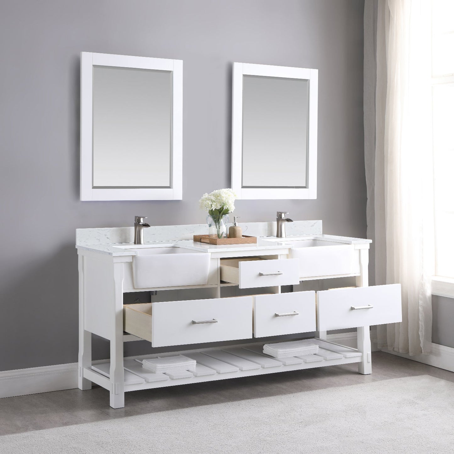 Georgia 72" Double Bathroom Vanity Set in White and Aosta White Composite Stone Top with White Farmhouse Basin with Mirror