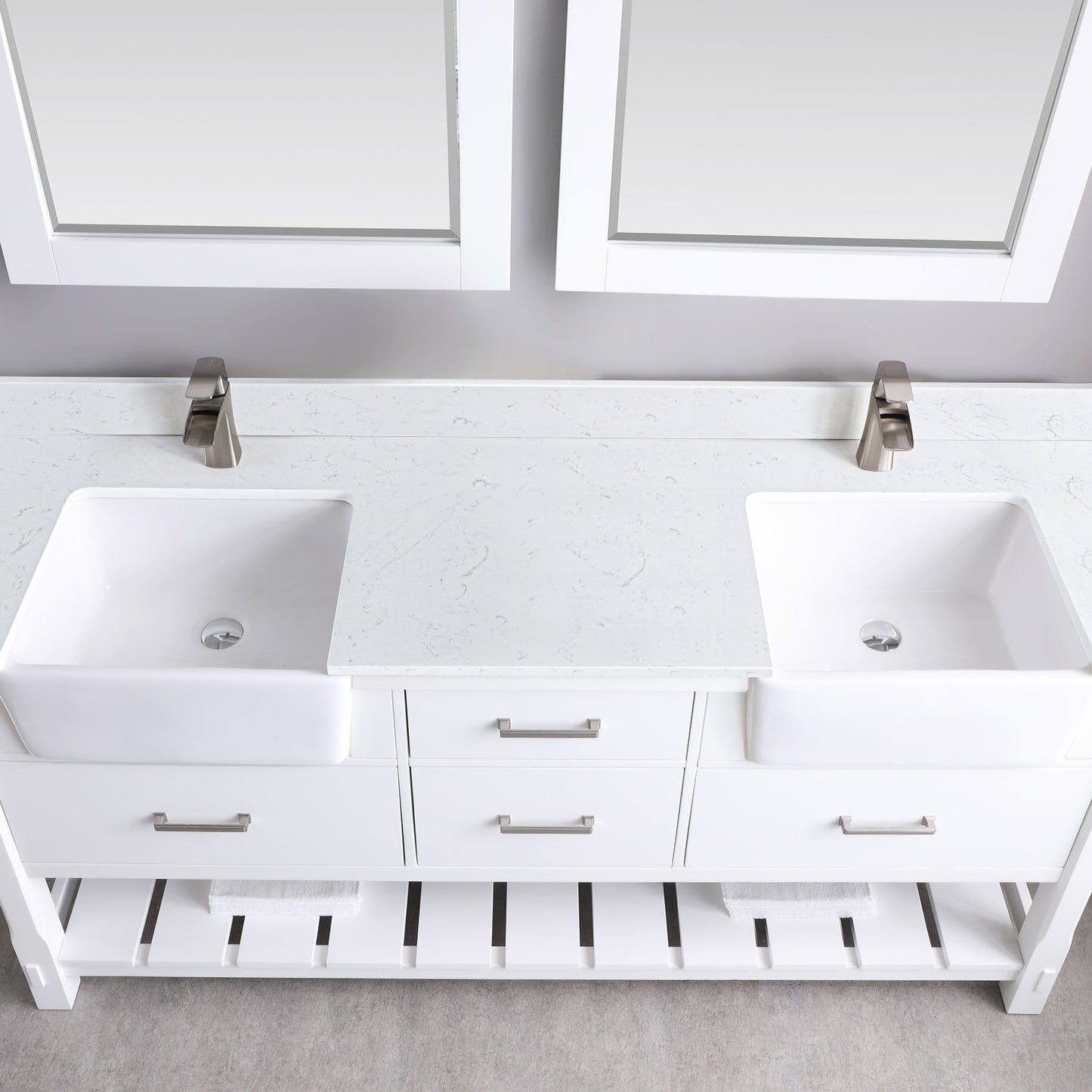 Georgia 72" Double Bathroom Vanity Set in White and Aosta White Composite Stone Top with White Farmhouse Basin with Mirror