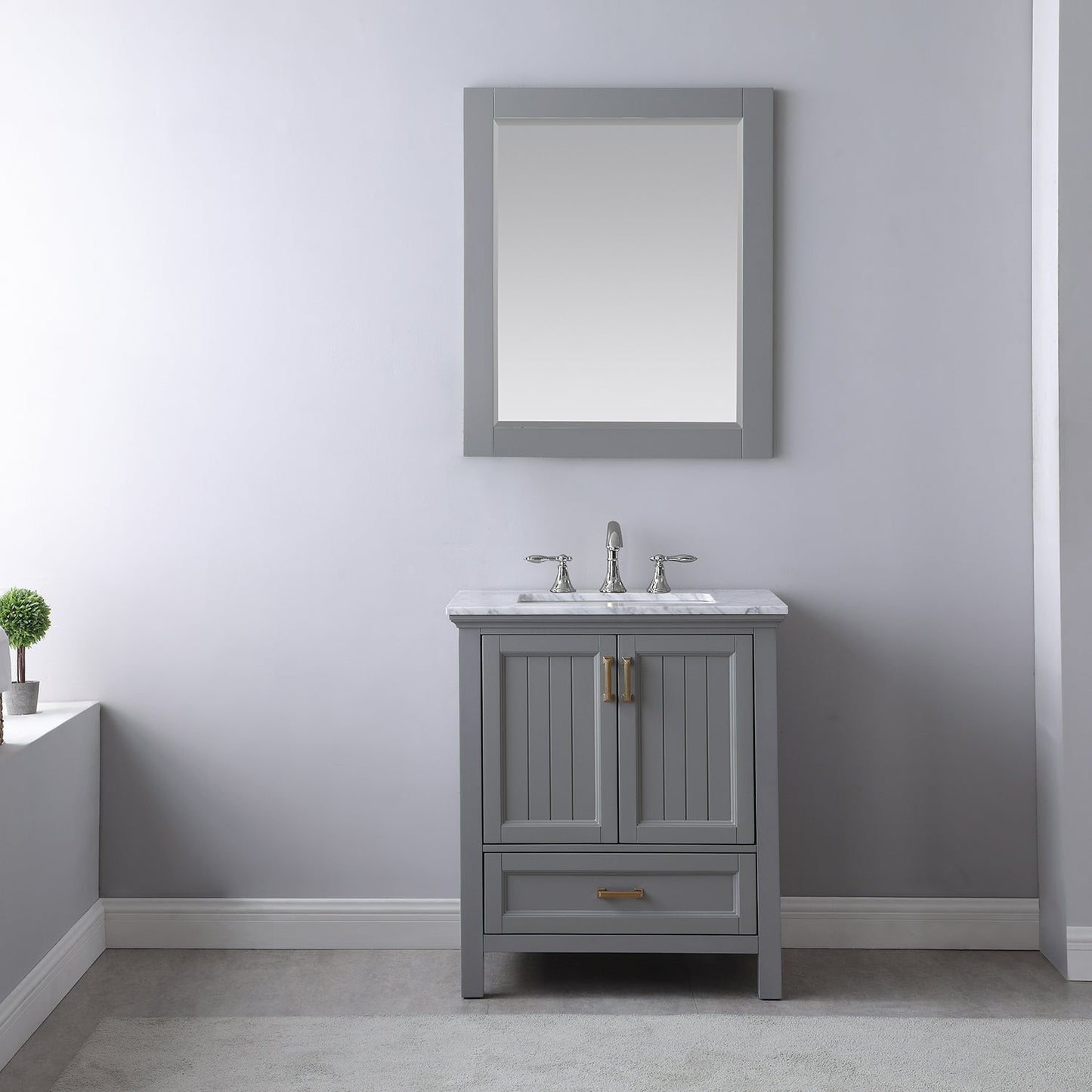 Isla 30" Single Bathroom Vanity Set in Gray and Carrara White Marble Countertop with Mirror