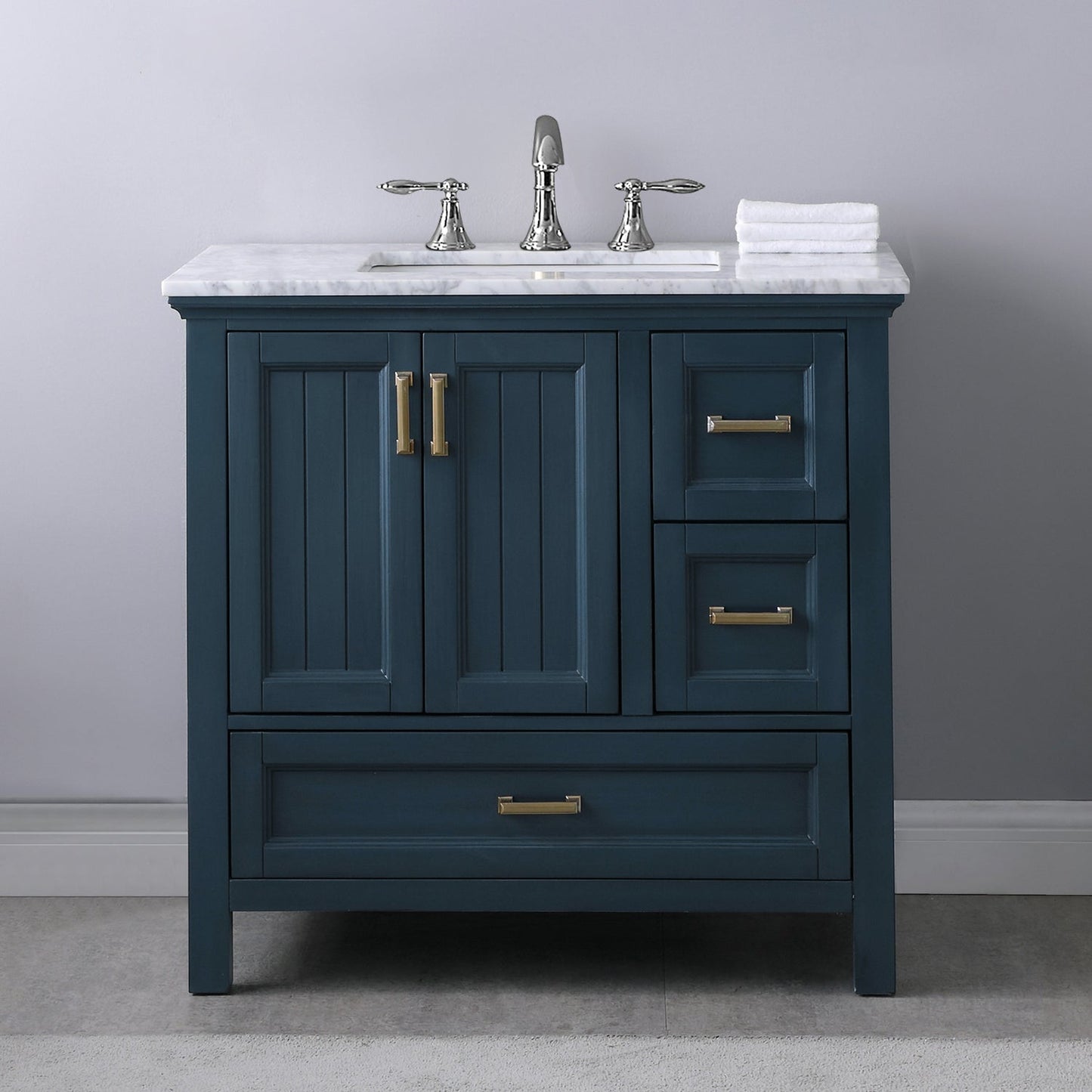 Isla 36" Single Bathroom Vanity Set in Classic Blue and Carrara White Marble Countertop without Mirror
