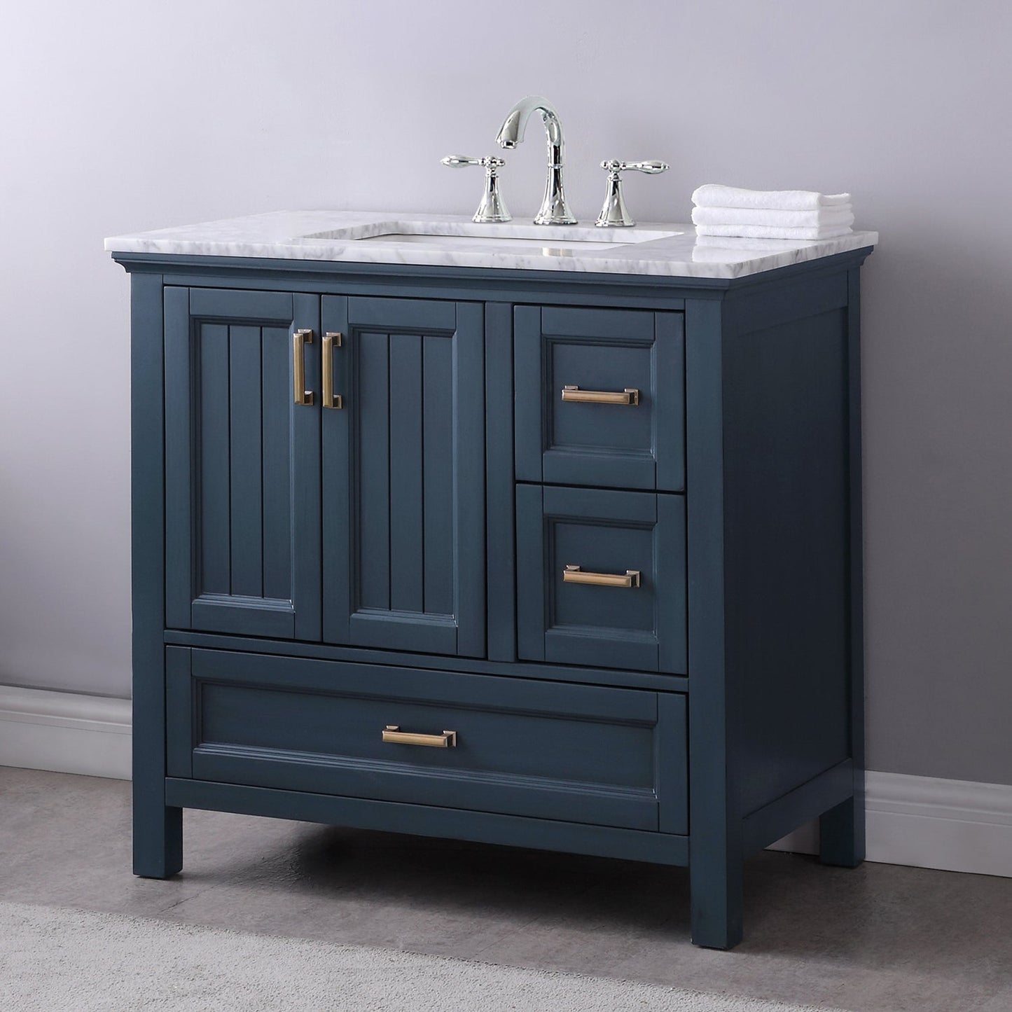 Isla 36" Single Bathroom Vanity Set in Classic Blue and Carrara White Marble Countertop without Mirror