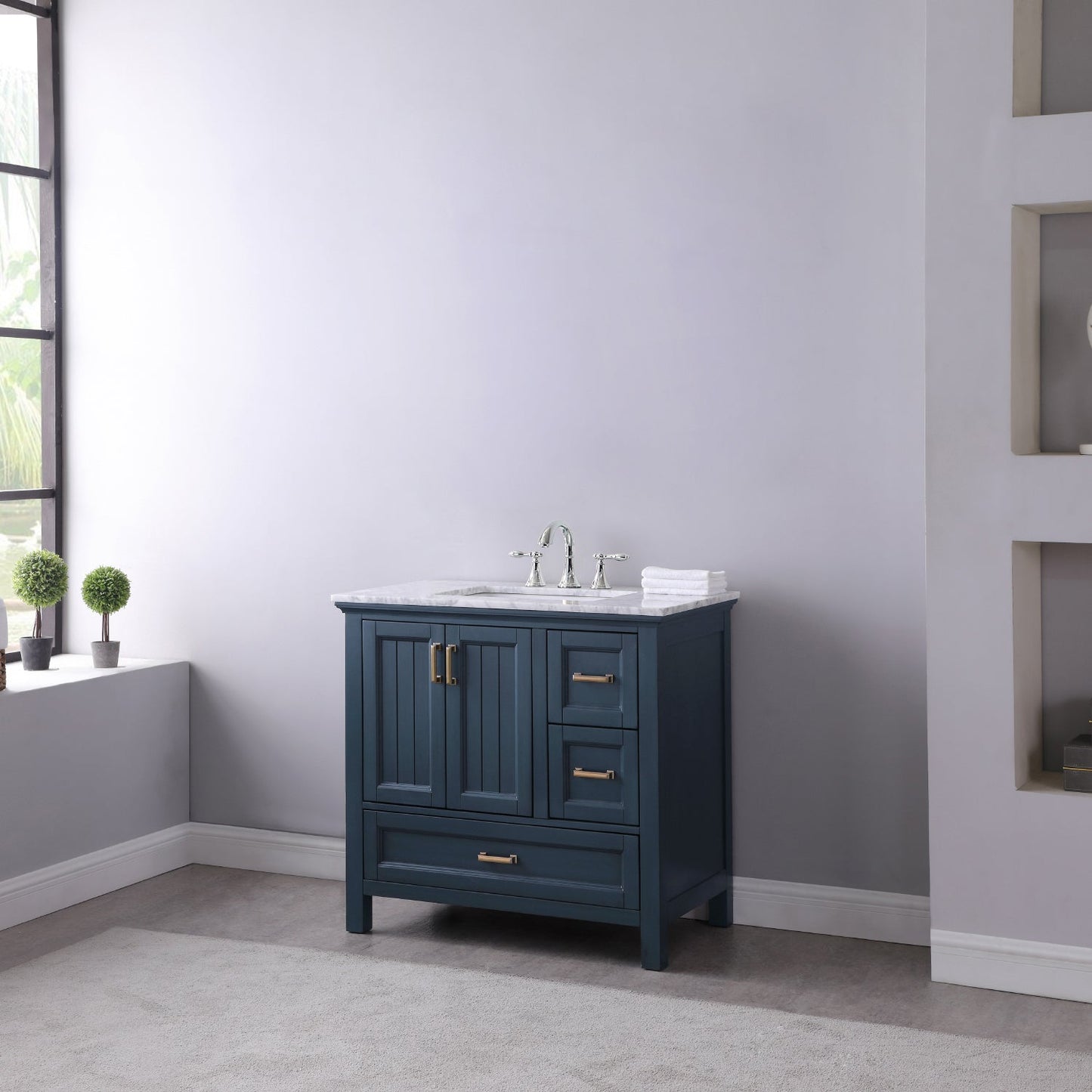 Isla 36" Single Bathroom Vanity Set in Classic Blue and Carrara White Marble Countertop without Mirror