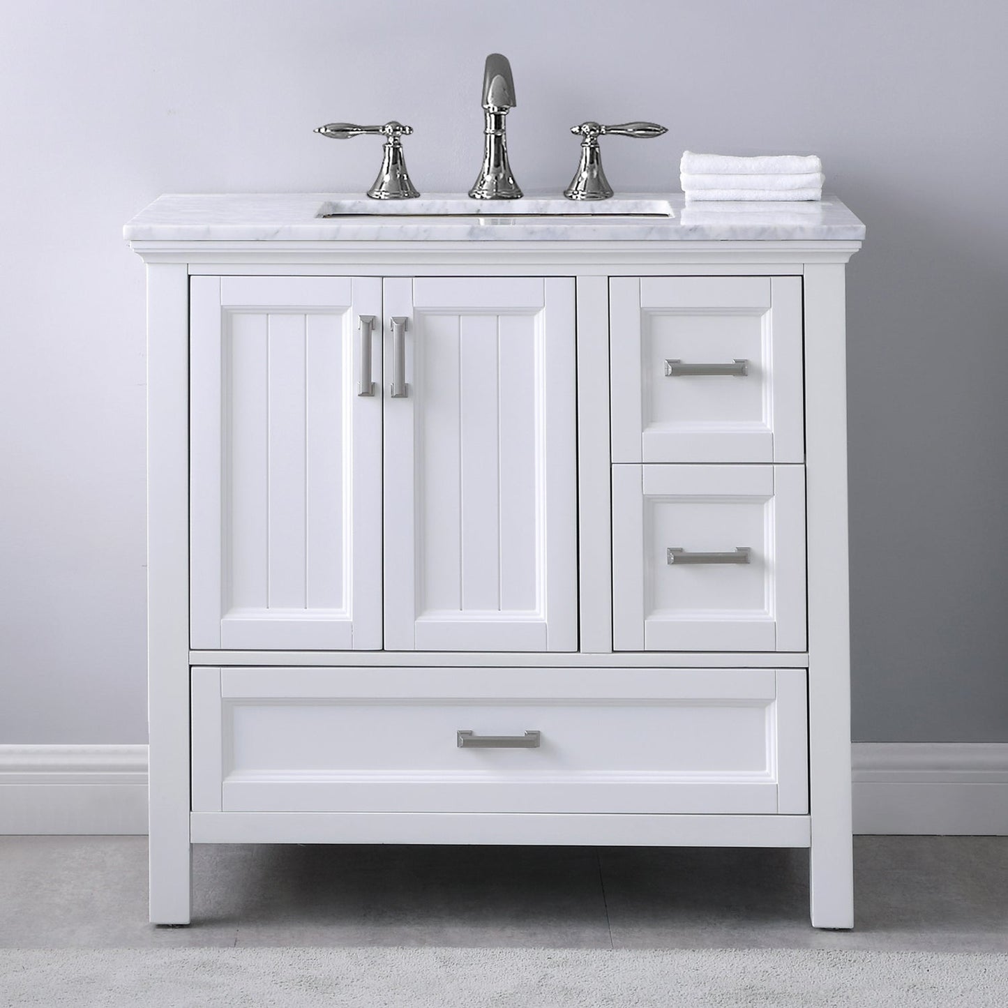 Isla 36" Single Bathroom Vanity Set in White and Carrara White Marble Countertop without Mirror