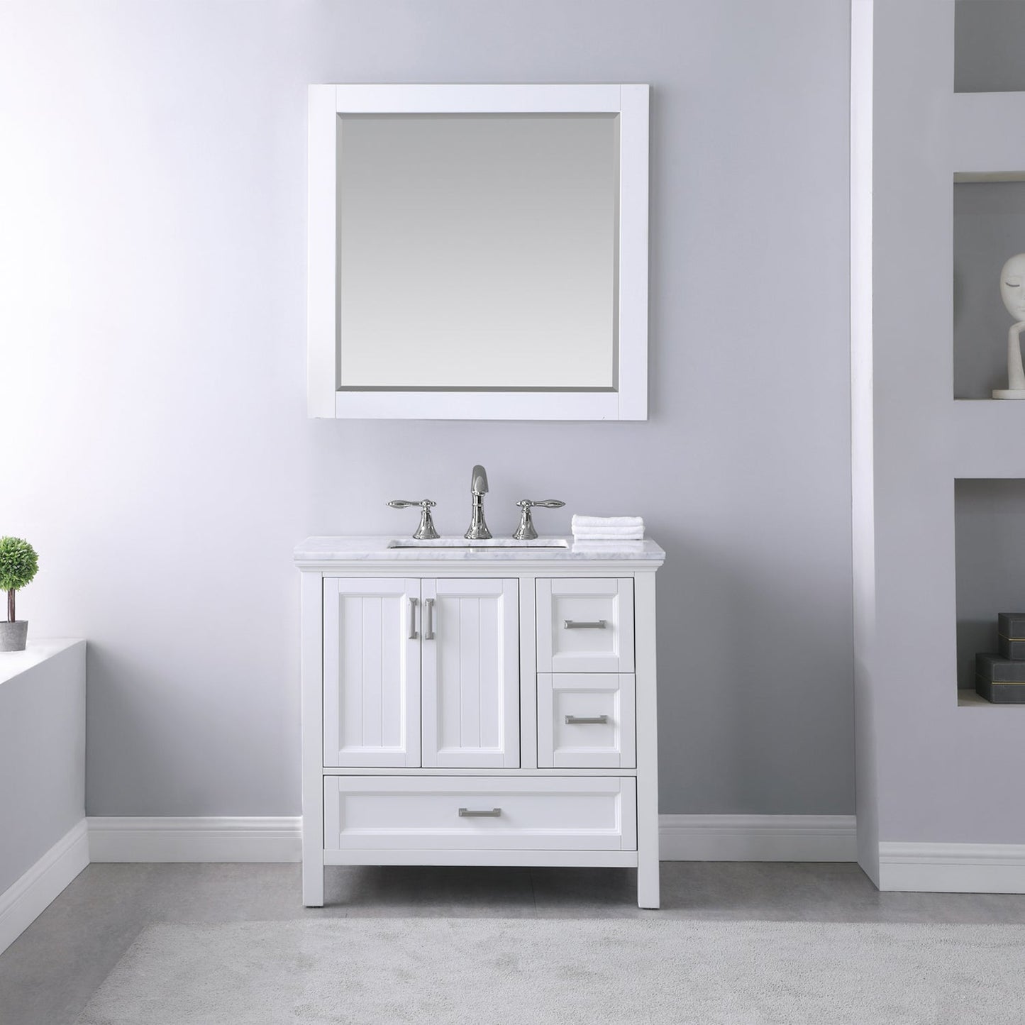 Isla 36" Single Bathroom Vanity Set in White and Carrara White Marble Countertop with Mirror