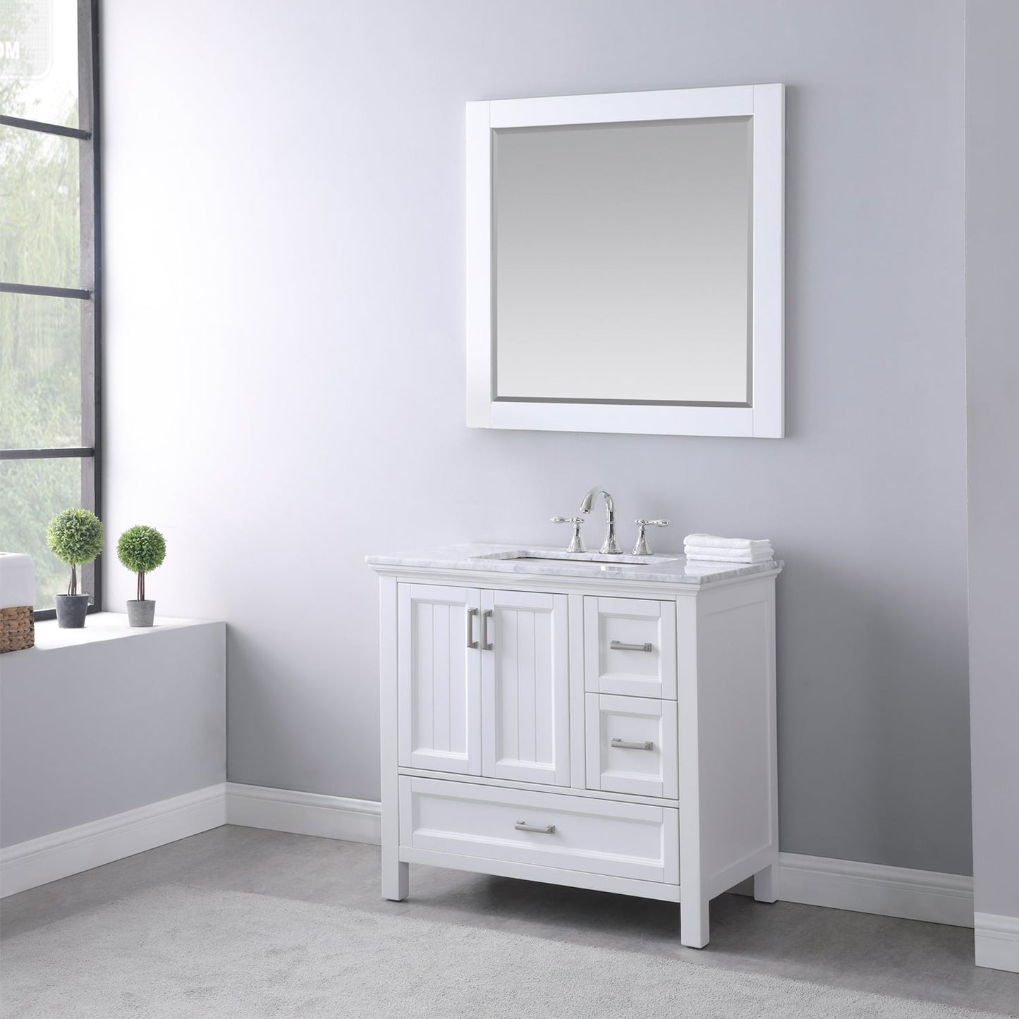 Isla 36" Single Bathroom Vanity Set in White and Carrara White Marble Countertop with Mirror