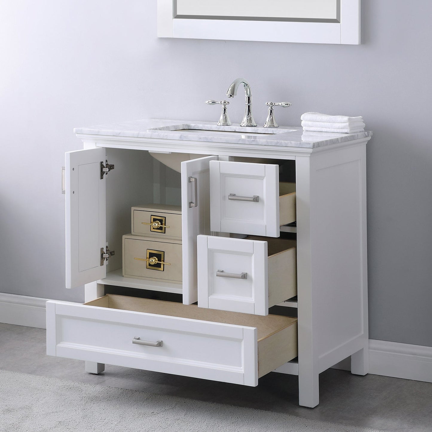 Isla 36" Single Bathroom Vanity Set in White and Carrara White Marble Countertop with Mirror