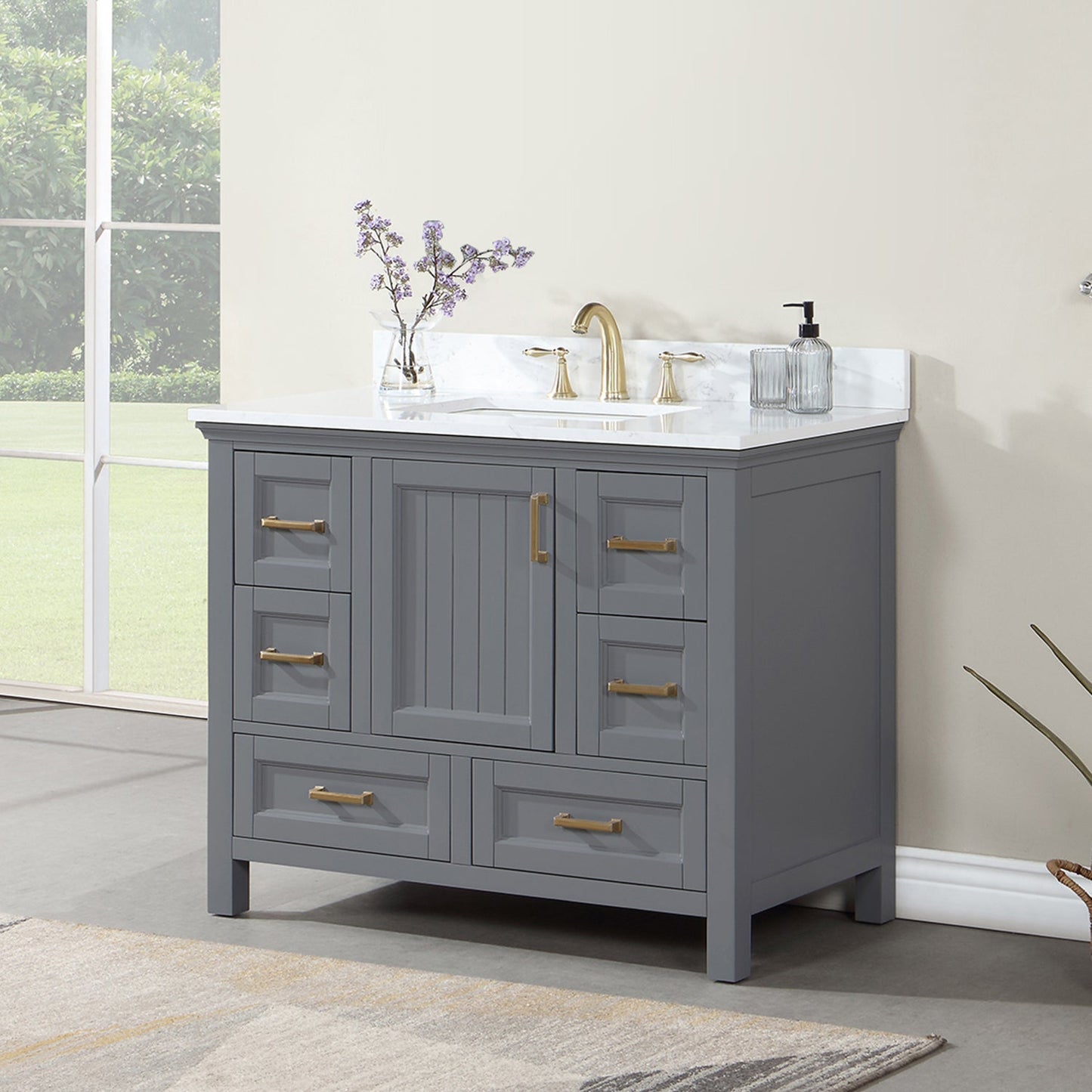 Isla 42" Single Bathroom Vanity Set in Gray and Aosta White Engineered Stone Countertop without Mirror