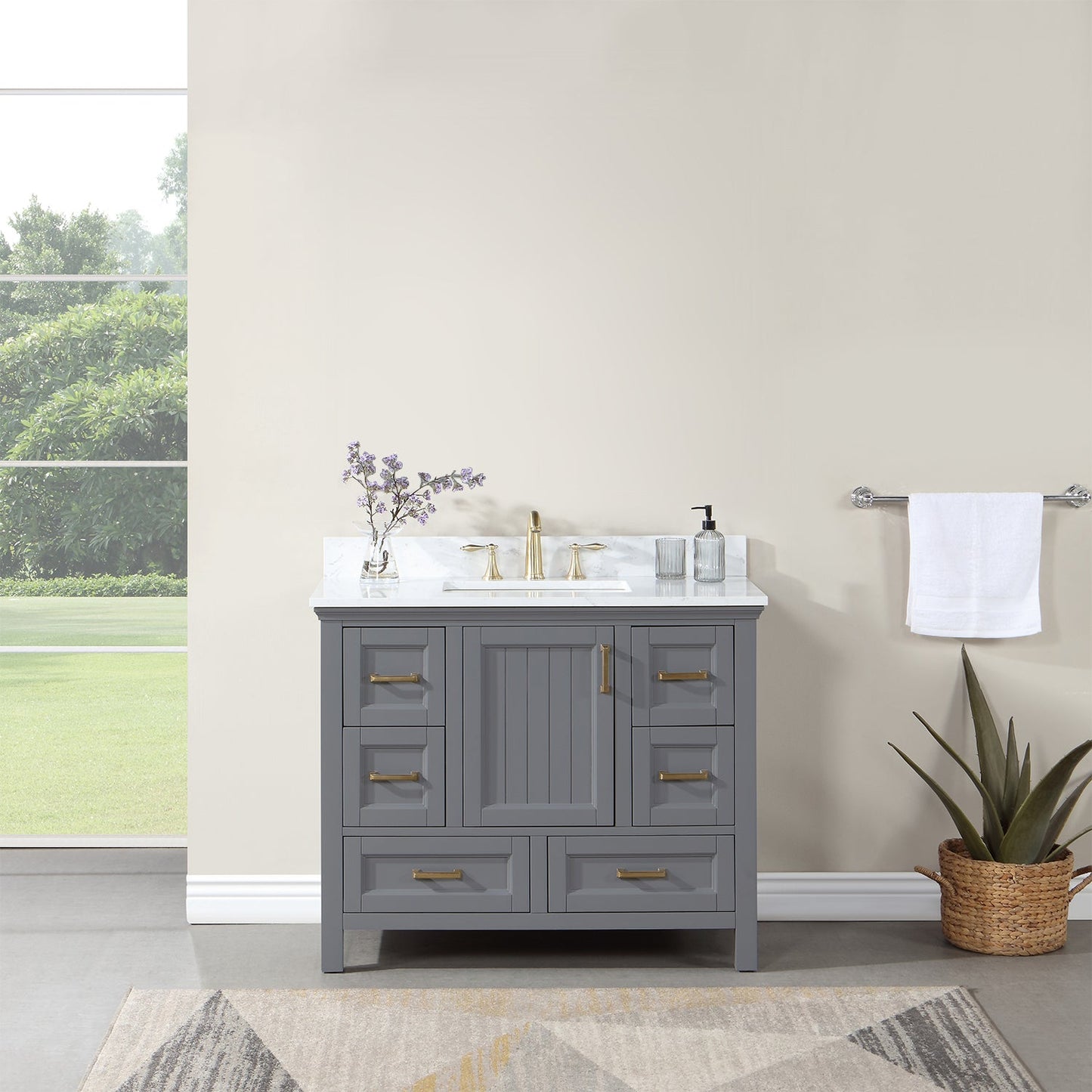 Isla 42" Single Bathroom Vanity Set in Gray and Aosta White Engineered Stone Countertop without Mirror