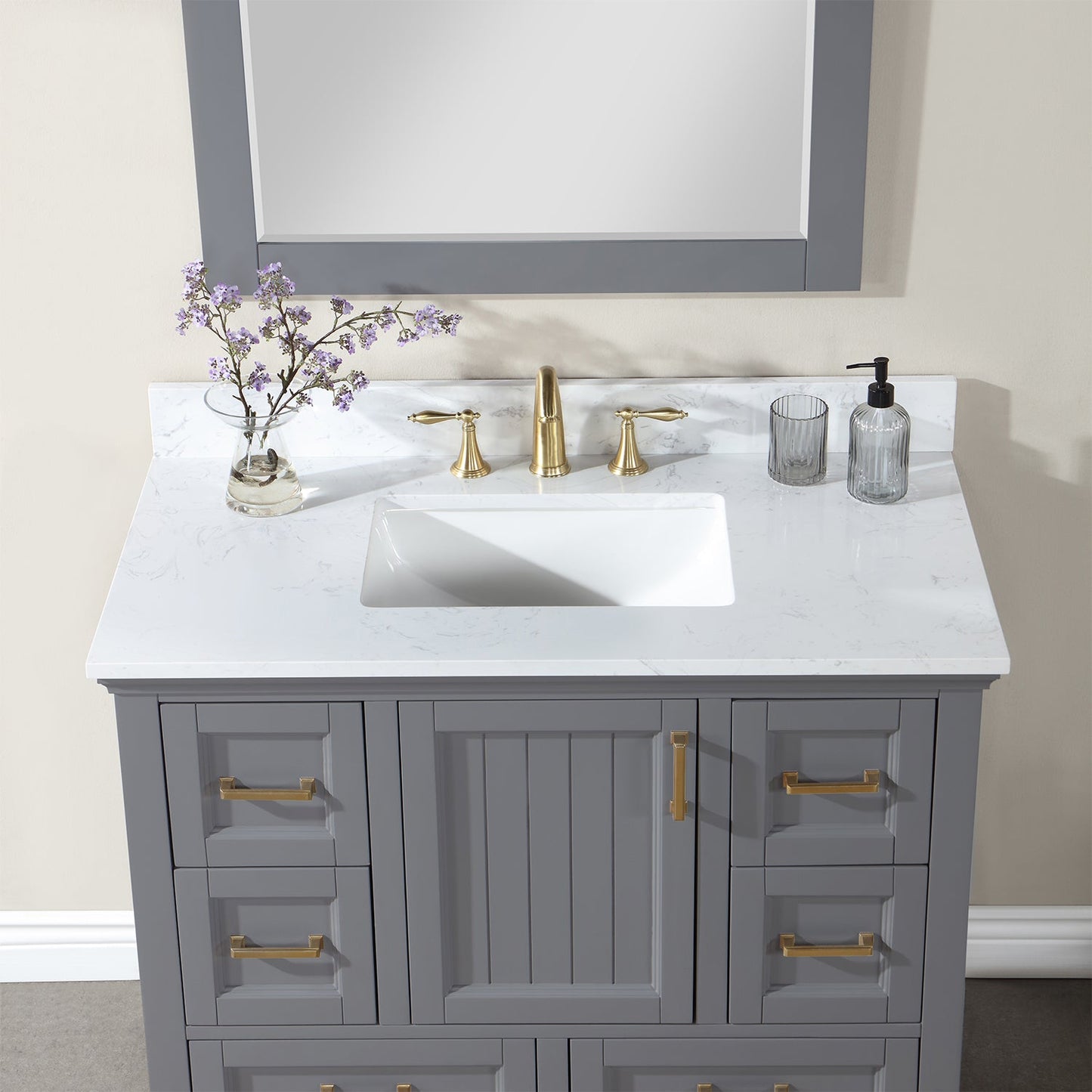 Isla 42" Single Bathroom Vanity Set in Gray and Aosta White Engineered Stone Countertop with Mirror