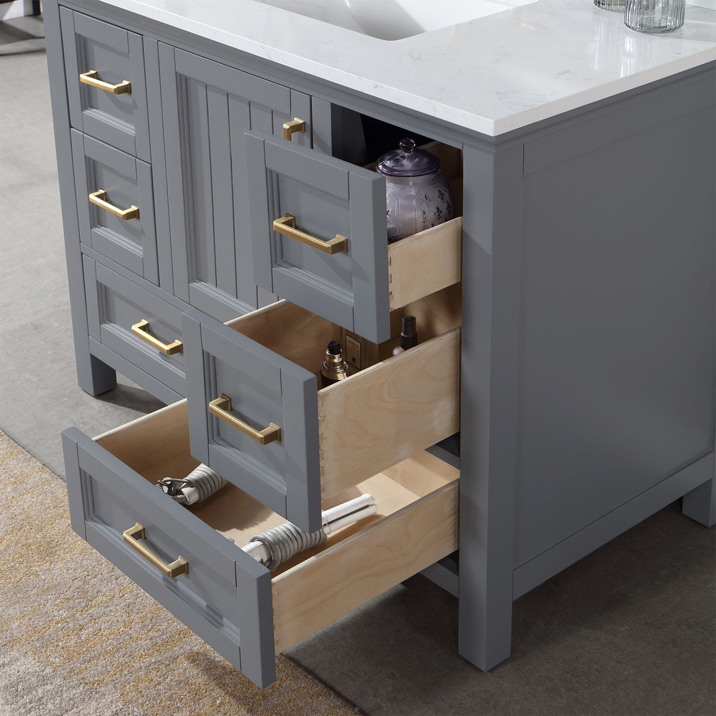 Isla 42" Single Bathroom Vanity Set in Gray and Aosta White Engineered Stone Countertop with Mirror
