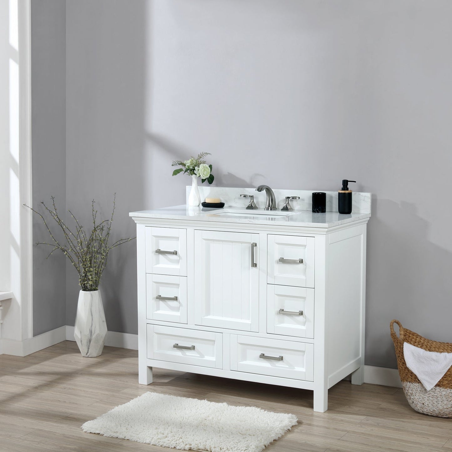 Isla 42" Single Bathroom Vanity Set in White and Aosta White Engineered Stone Countertop without Mirror