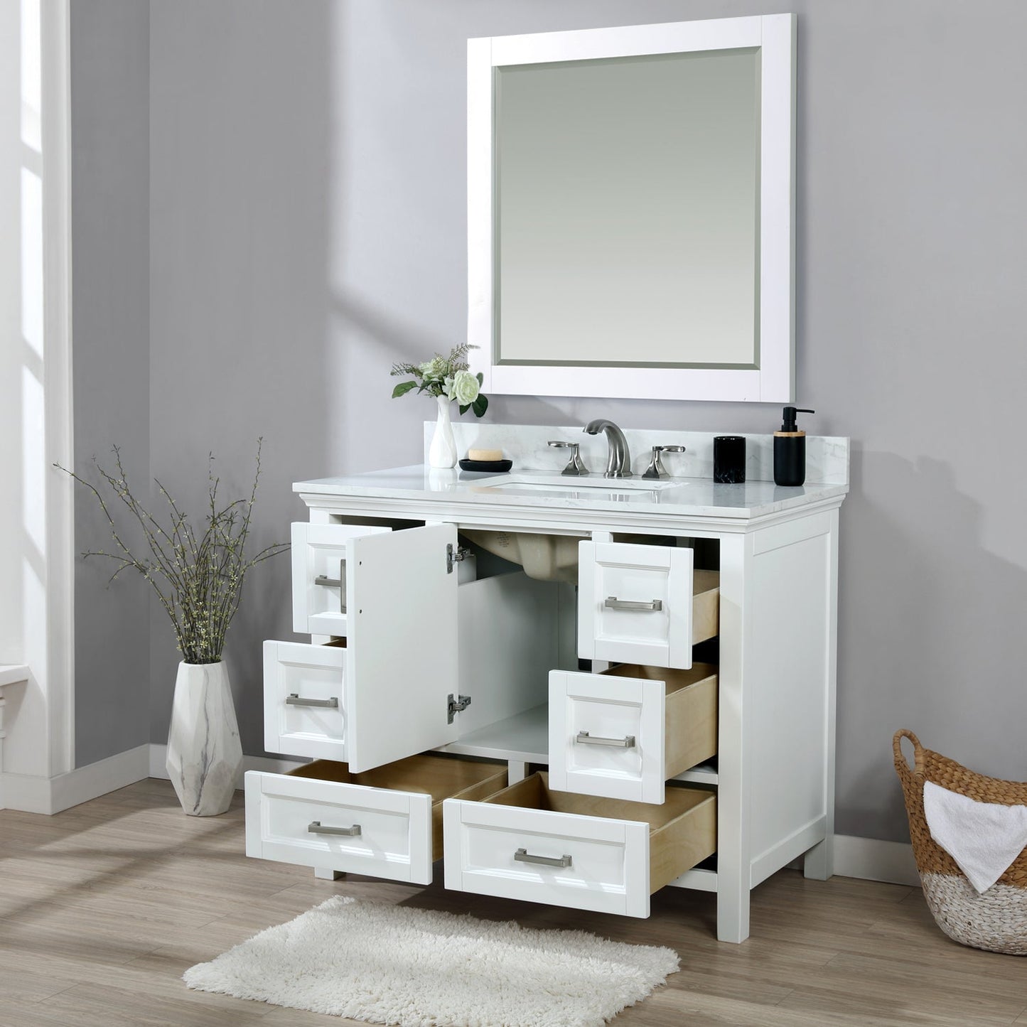 Isla 42" Single Bathroom Vanity Set in White and Aosta White Engineered Stone Countertop with Mirror