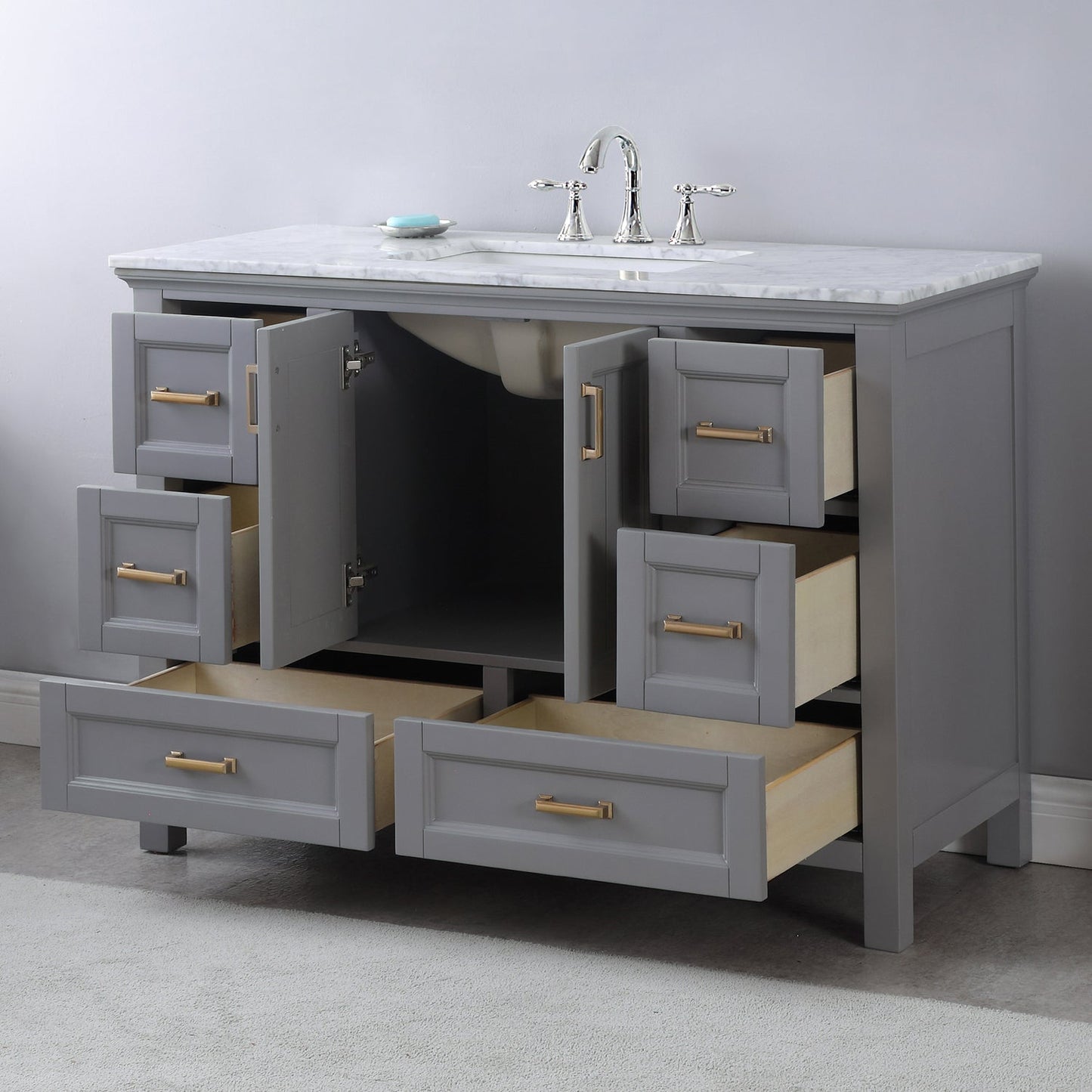 Isla 48" Single Bathroom Vanity Set in Gray and Carrara White Marble Countertop without Mirror