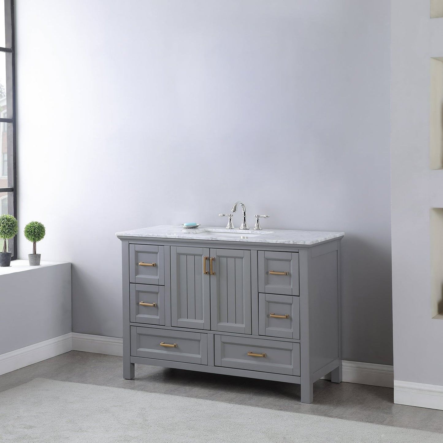 Isla 48" Single Bathroom Vanity Set in Gray and Carrara White Marble Countertop without Mirror