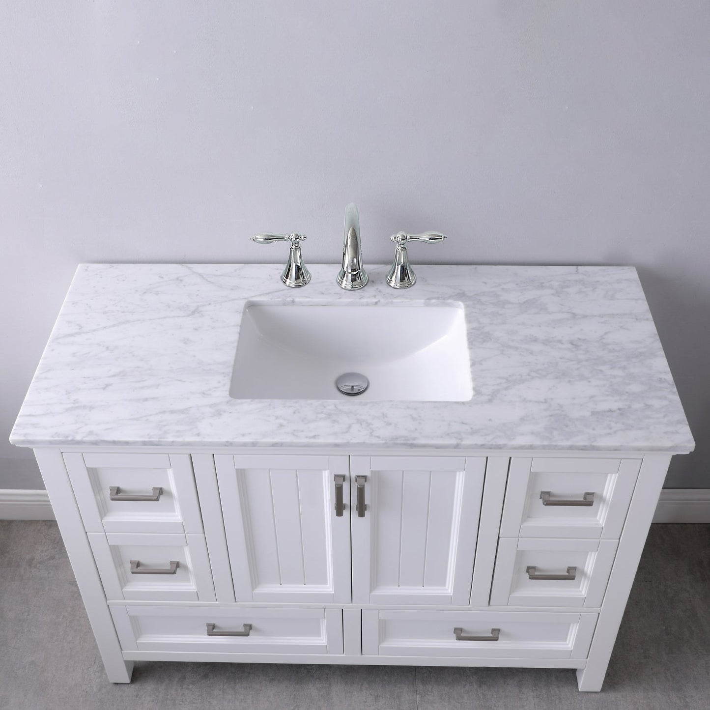 Isla 48" Single Bathroom Vanity Set in White and Carrara White Marble Countertop without Mirror