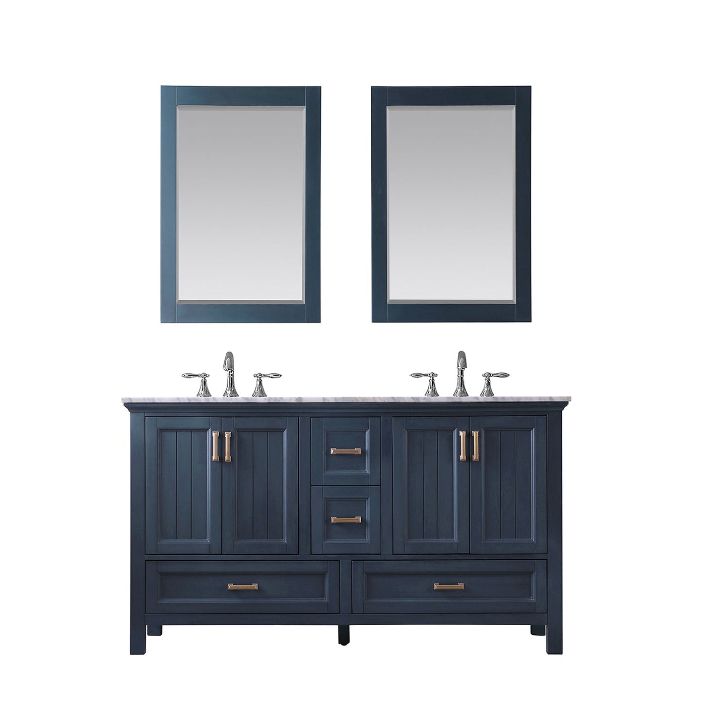 Isla 60" Double Bathroom Vanity Set in Classic Blue and Carrara White Marble Countertop with Mirror