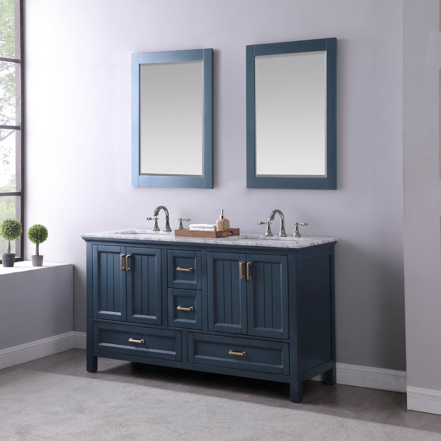 Isla 60" Double Bathroom Vanity Set in Classic Blue and Carrara White Marble Countertop with Mirror