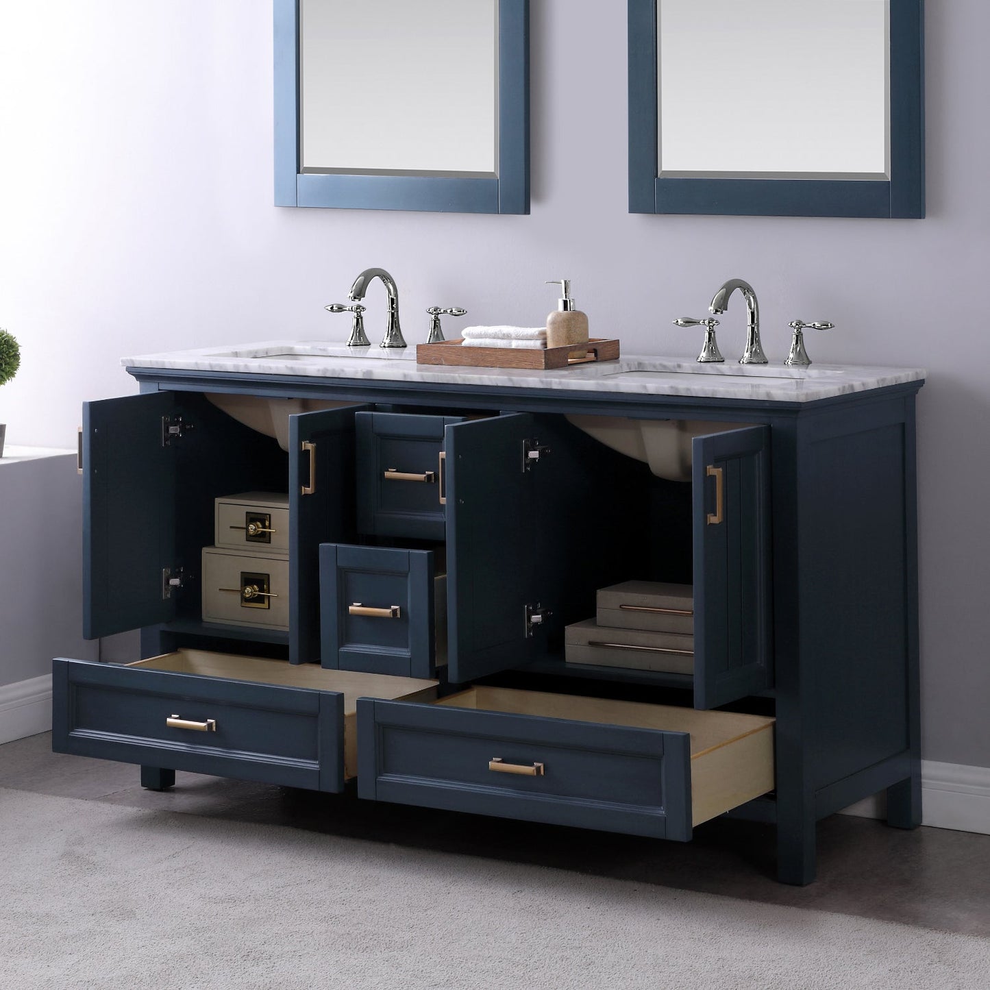 Isla 60" Double Bathroom Vanity Set in Classic Blue and Carrara White Marble Countertop with Mirror