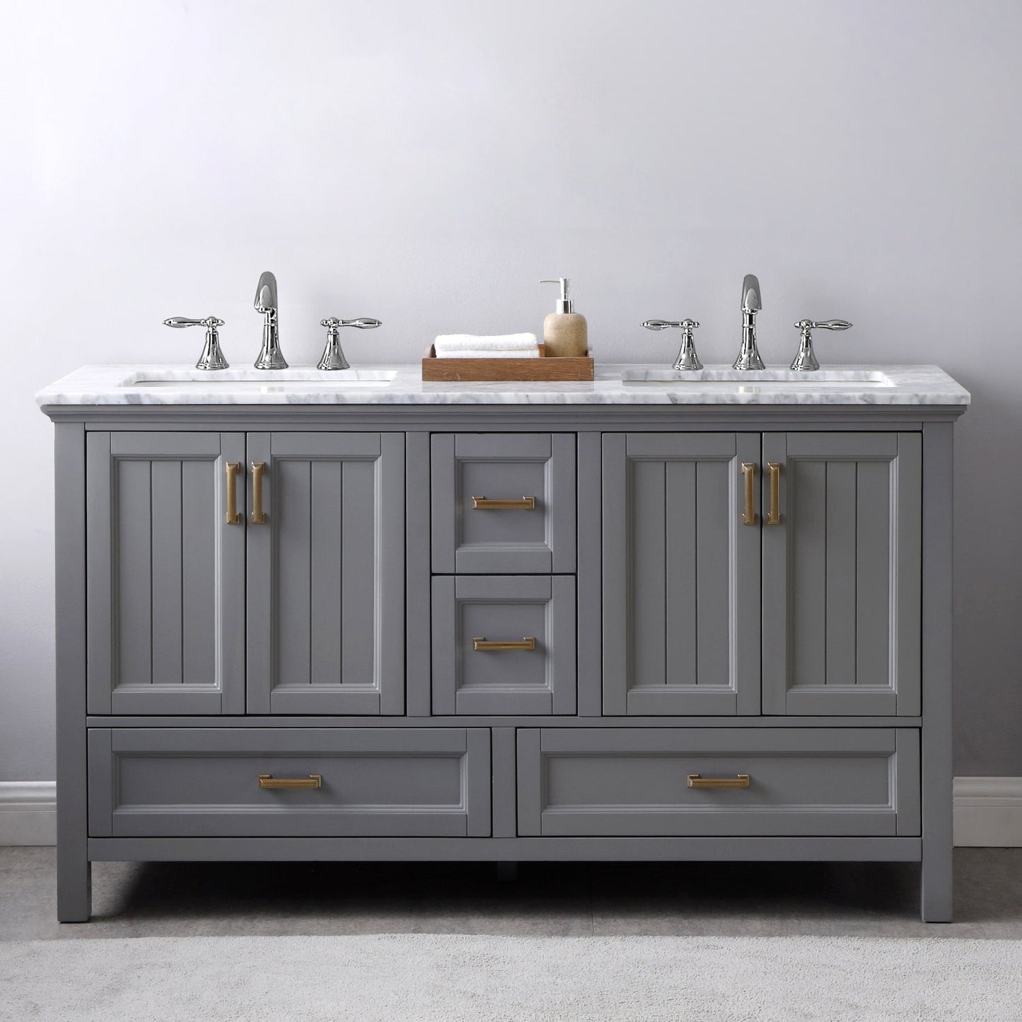 Isla 60" Double Bathroom Vanity Set in Gray and Carrara White Marble Countertop without Mirror