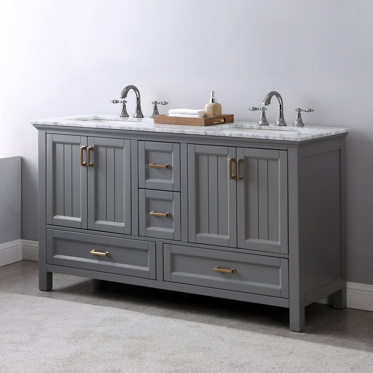 Isla 60" Double Bathroom Vanity Set in Gray and Carrara White Marble Countertop without Mirror