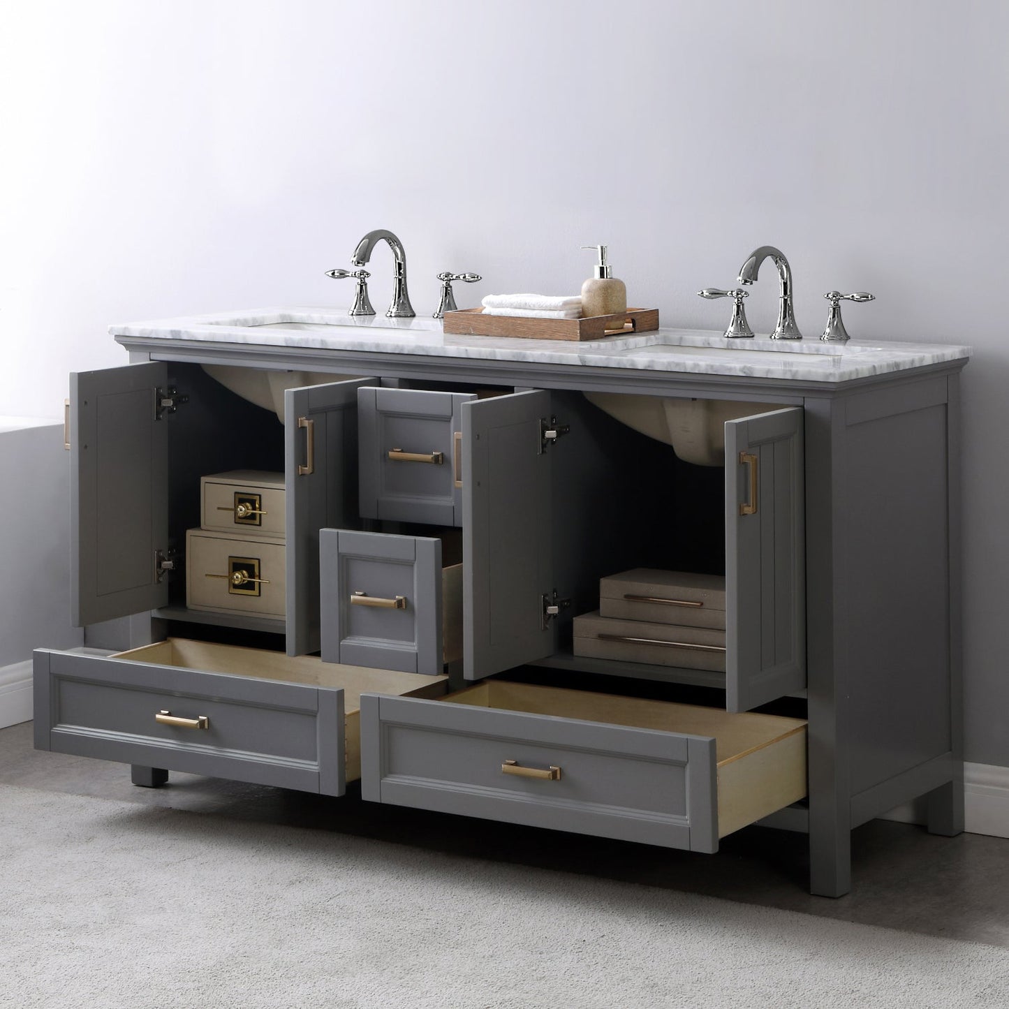 Isla 60" Double Bathroom Vanity Set in Gray and Carrara White Marble Countertop without Mirror