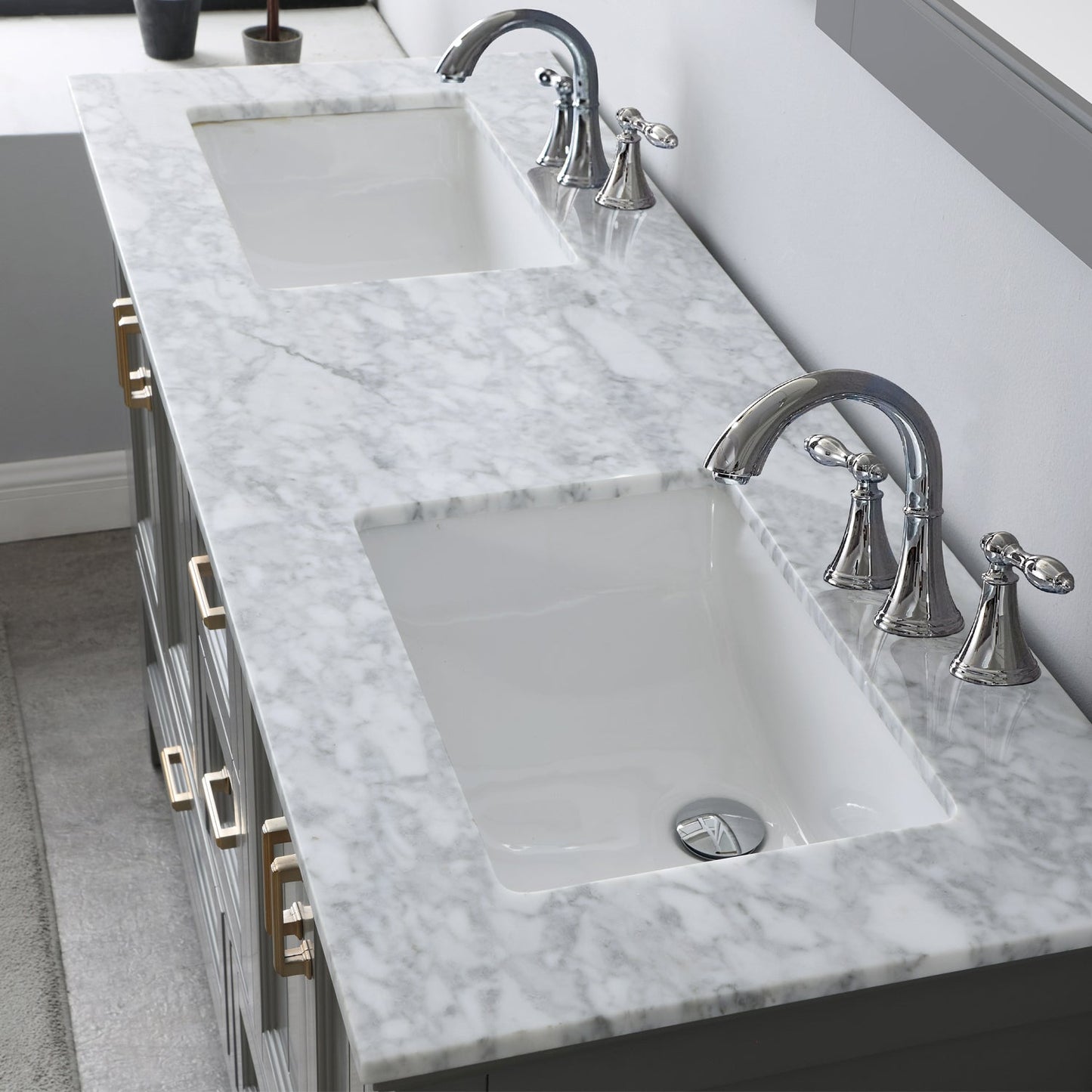 Isla 60" Double Bathroom Vanity Set in Gray and Carrara White Marble Countertop without Mirror