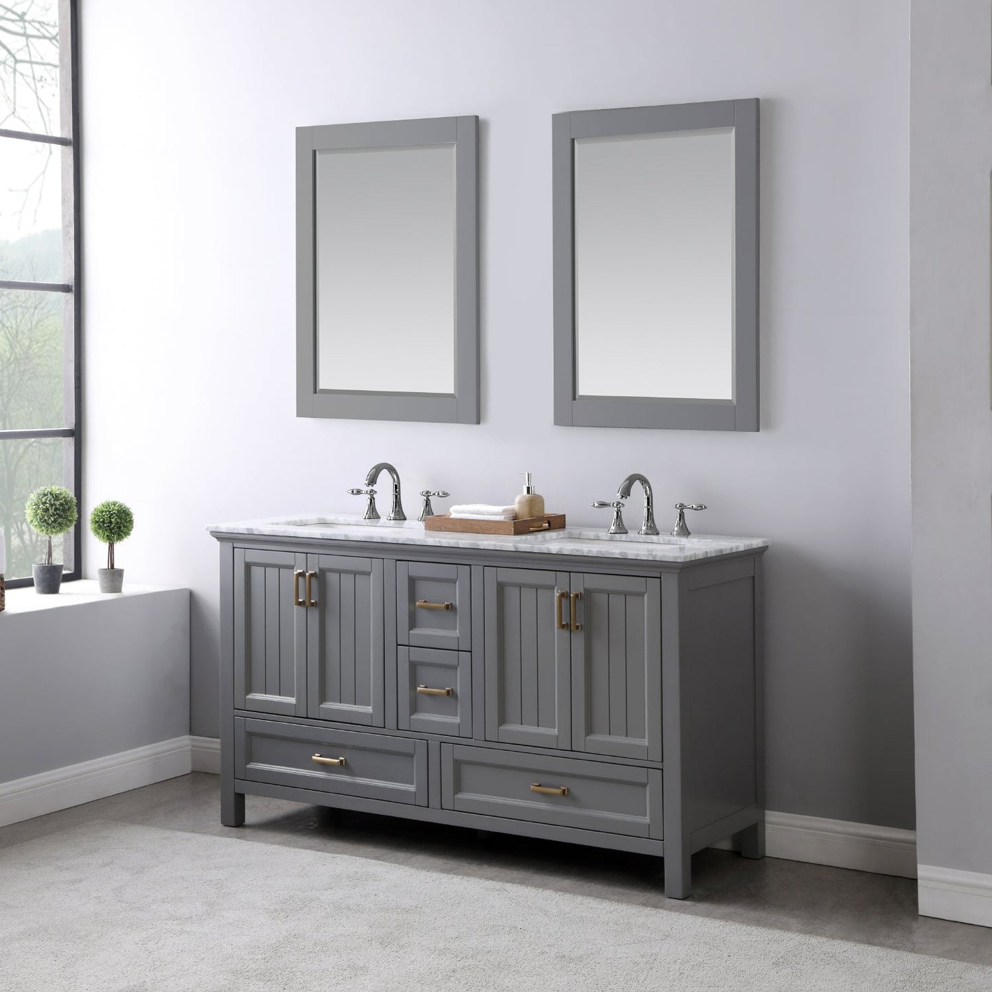 Isla 60" Double Bathroom Vanity Set in Gray and Carrara White Marble Countertop with Mirror