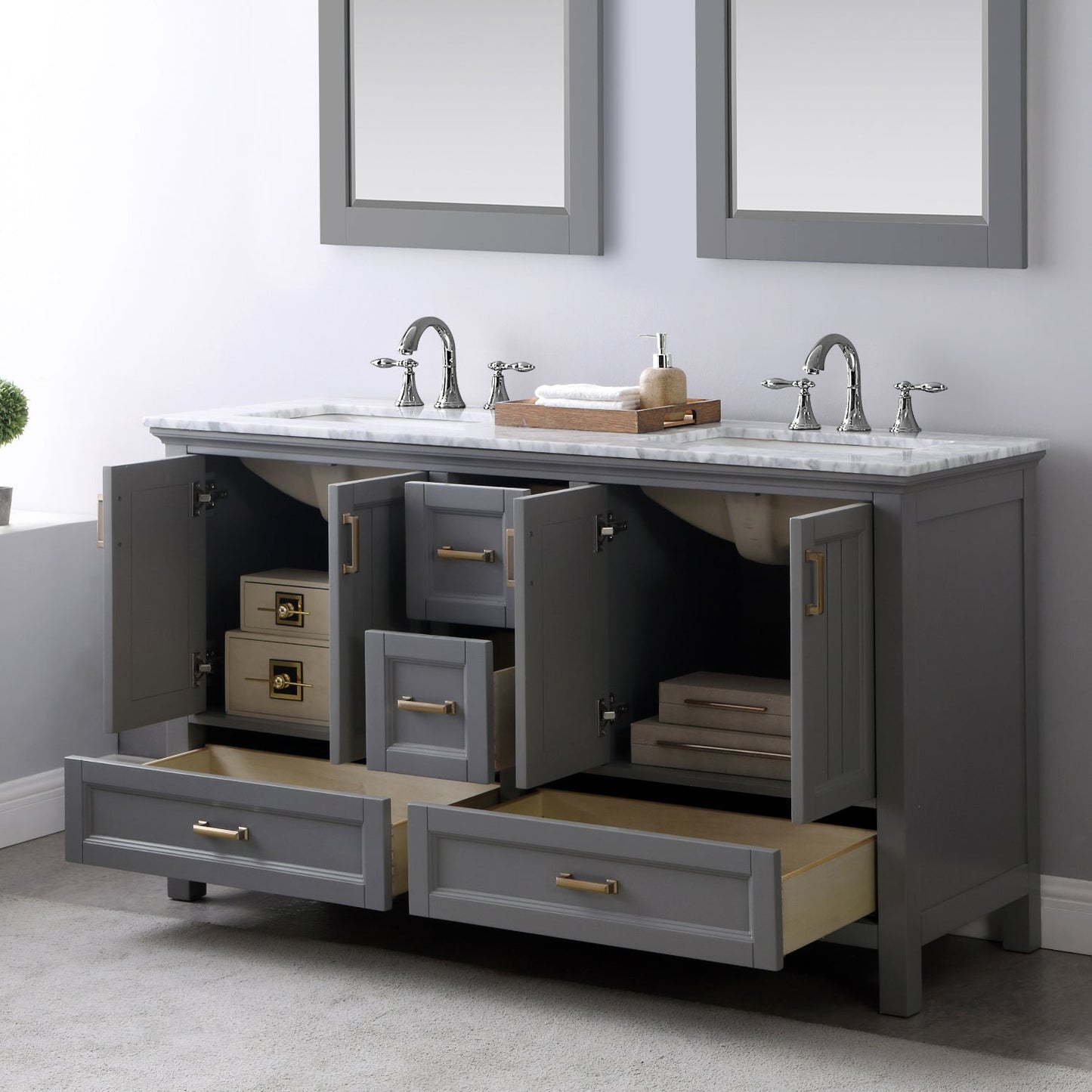 Isla 60" Double Bathroom Vanity Set in Gray and Carrara White Marble Countertop with Mirror