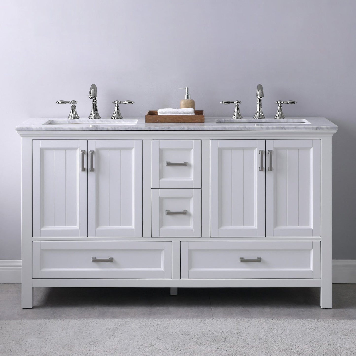 Isla 60" Double Bathroom Vanity Set in White and Carrara White Marble Countertop without Mirror