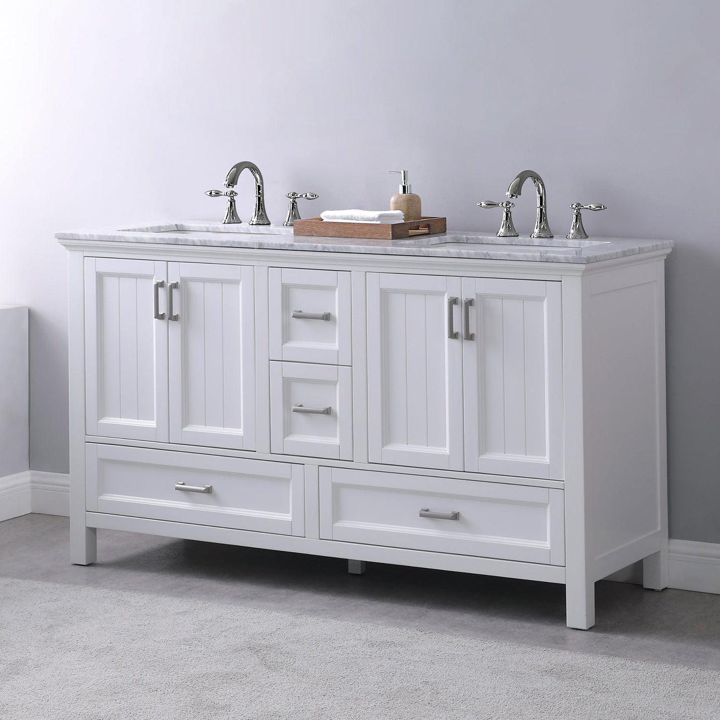 Isla 60" Double Bathroom Vanity Set in White and Carrara White Marble Countertop without Mirror