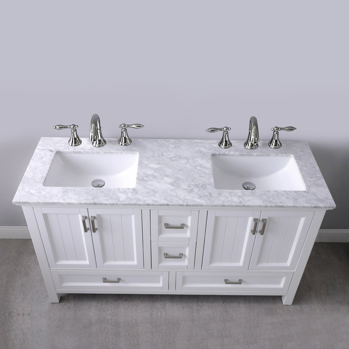 Isla 60" Double Bathroom Vanity Set in White and Carrara White Marble Countertop without Mirror