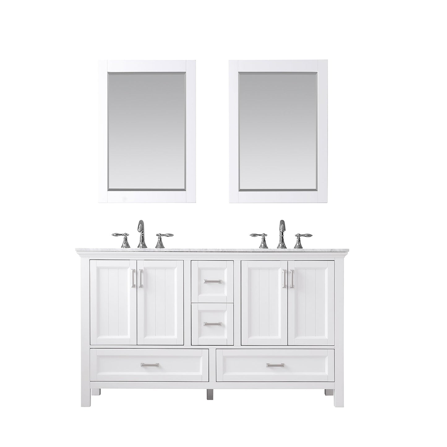 Isla 60" Double Bathroom Vanity Set in White and Carrara White Marble Countertop with Mirror