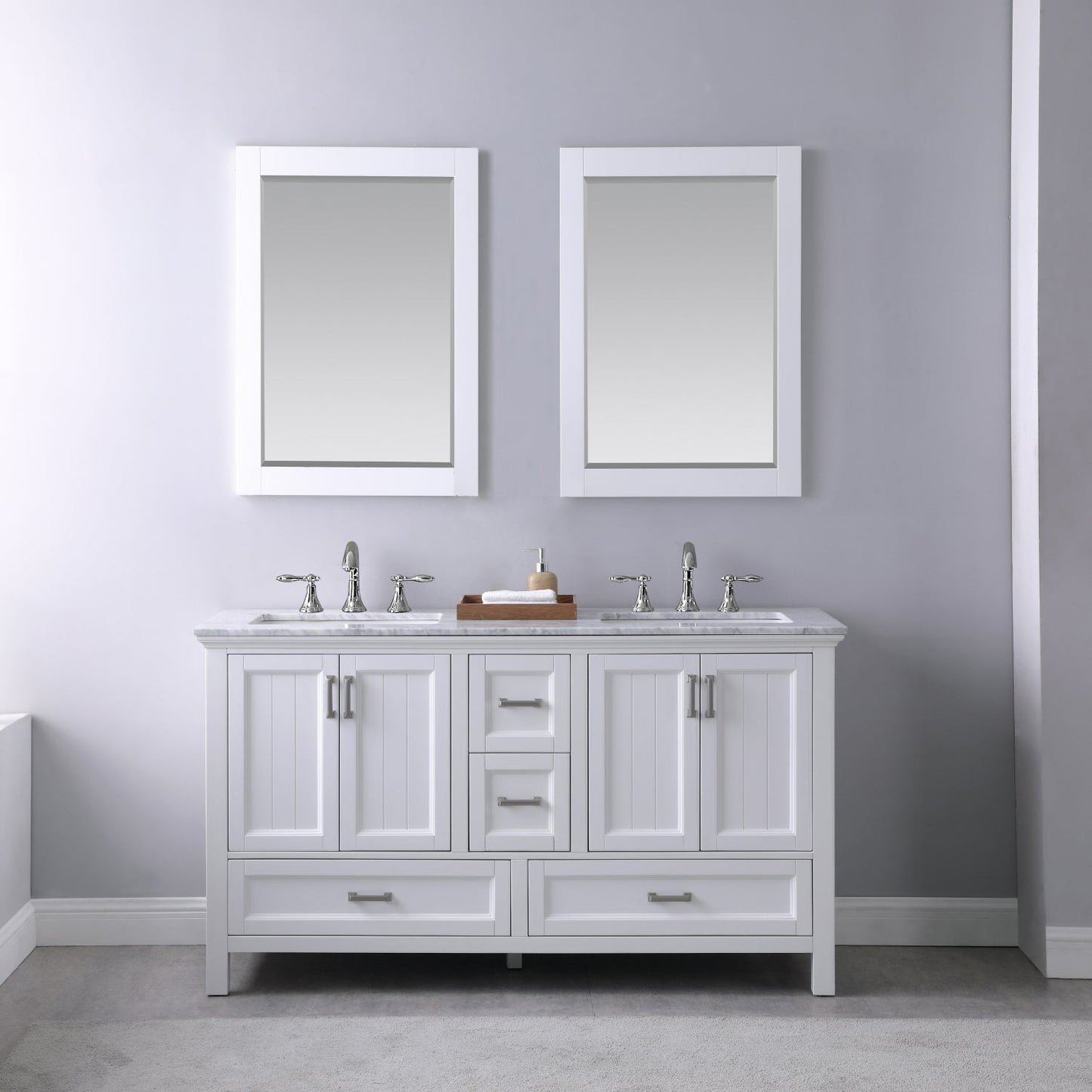 Isla 60" Double Bathroom Vanity Set in White and Carrara White Marble Countertop with Mirror