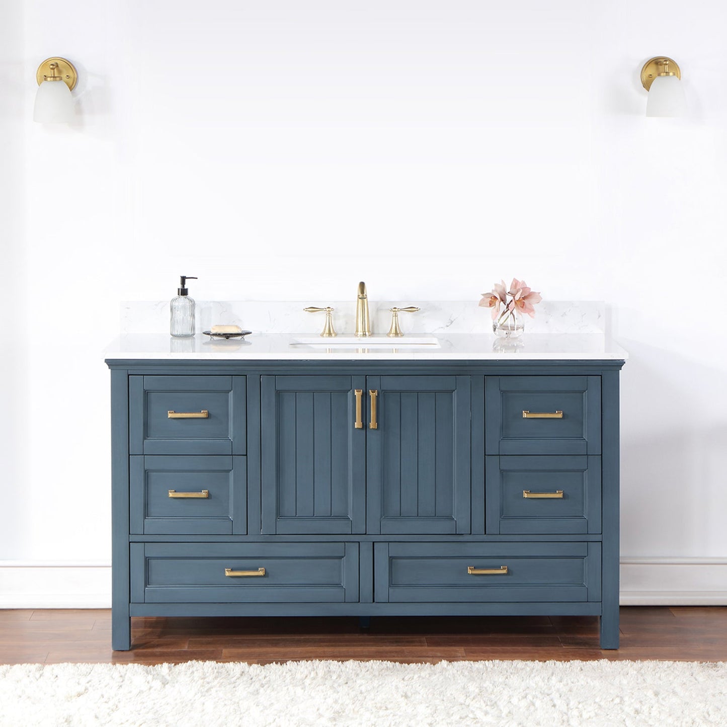 Isla 60" Single Bathroom Vanity Set in Classic Blue and Aosta White Engineered Stone Countertop without Mirror