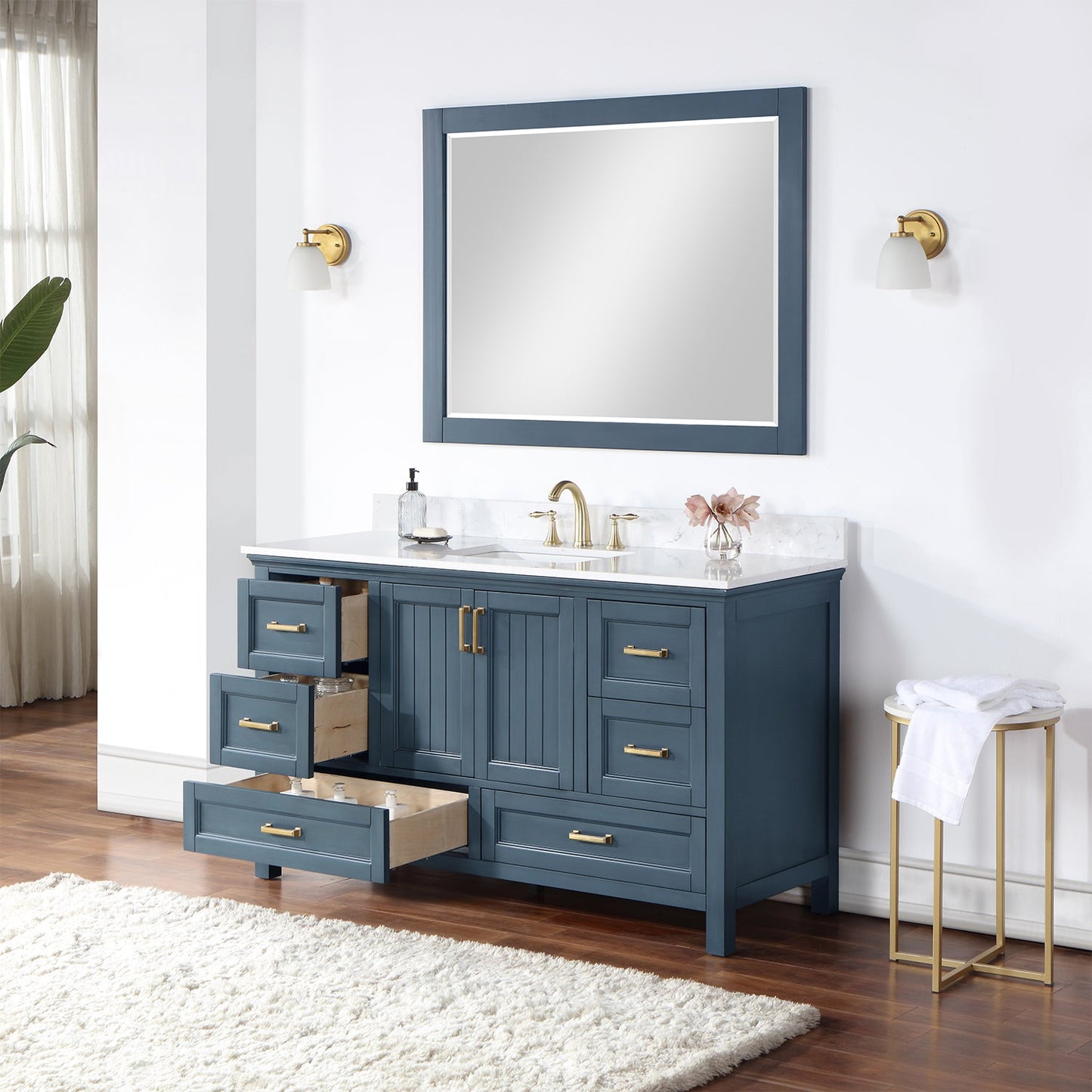 Isla 60" Single Bathroom Vanity Set in Classic Blue and Aosta White Engineered Stone Countertop with Mirror