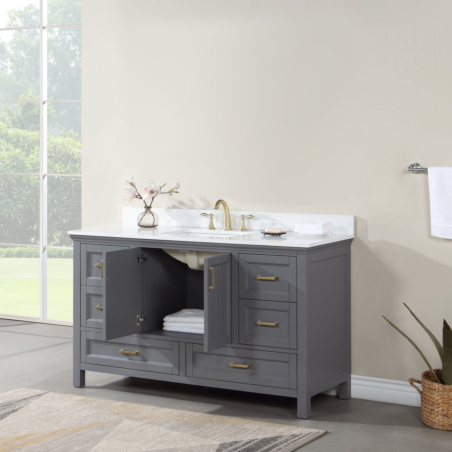 Isla 60" Single Bathroom Vanity Set in Gray and Aosta White Engineered Stone Countertop without Mirror