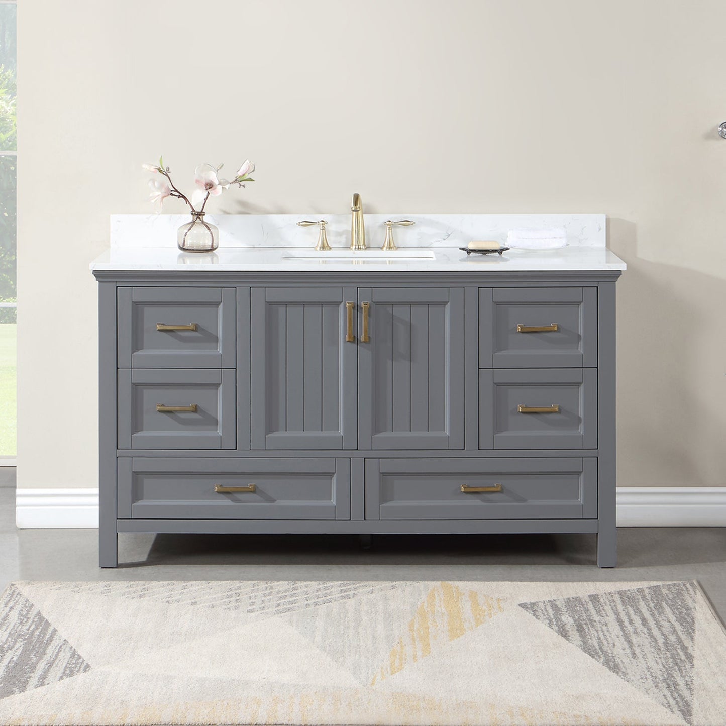 Isla 60" Single Bathroom Vanity Set in Gray and Aosta White Engineered Stone Countertop without Mirror