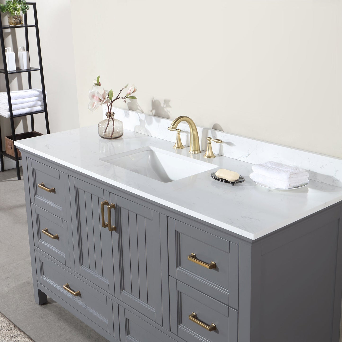 Isla 60" Single Bathroom Vanity Set in Gray and Aosta White Engineered Stone Countertop without Mirror