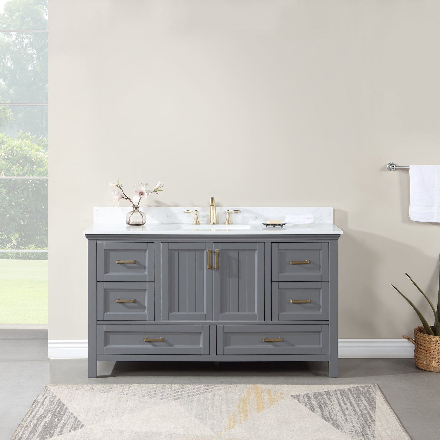 Isla 60" Single Bathroom Vanity Set in Gray and Aosta White Engineered Stone Countertop without Mirror