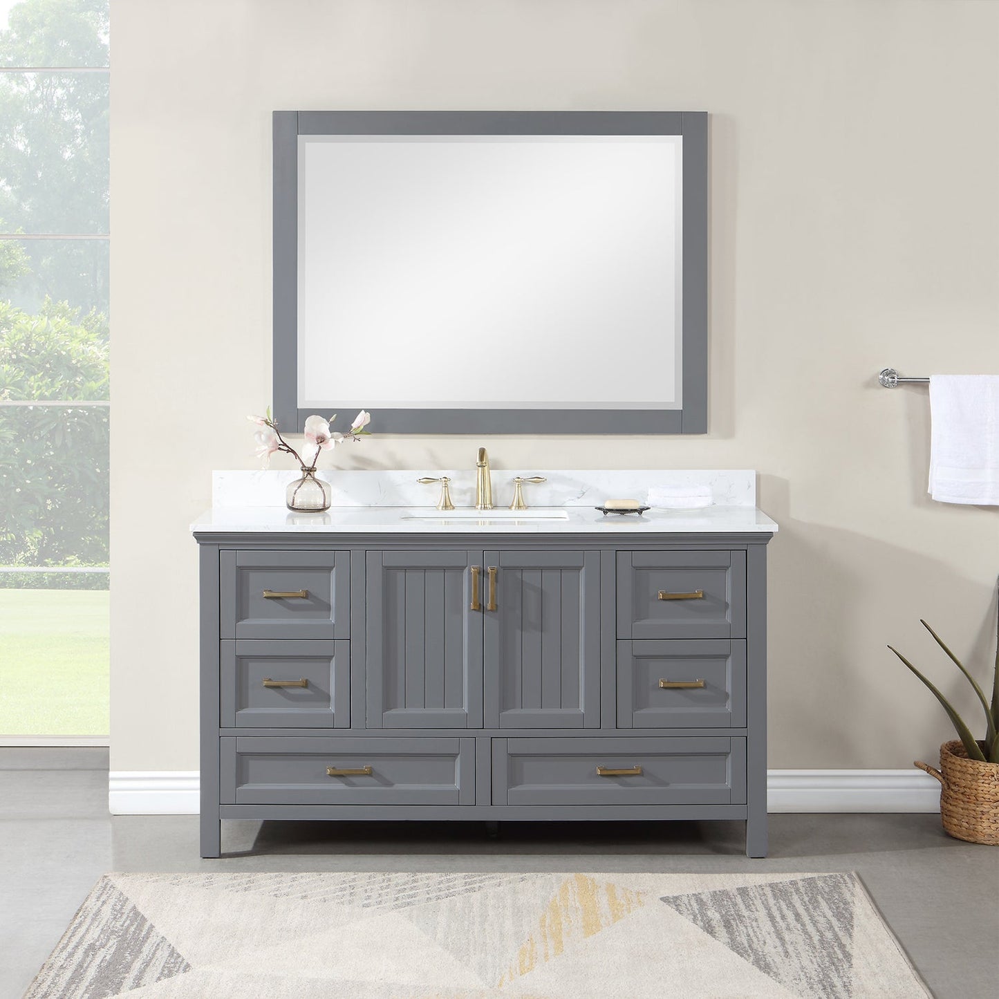 Isla 60" Single Bathroom Vanity Set in Gray and Aosta White Engineered Stone Countertop with Mirror