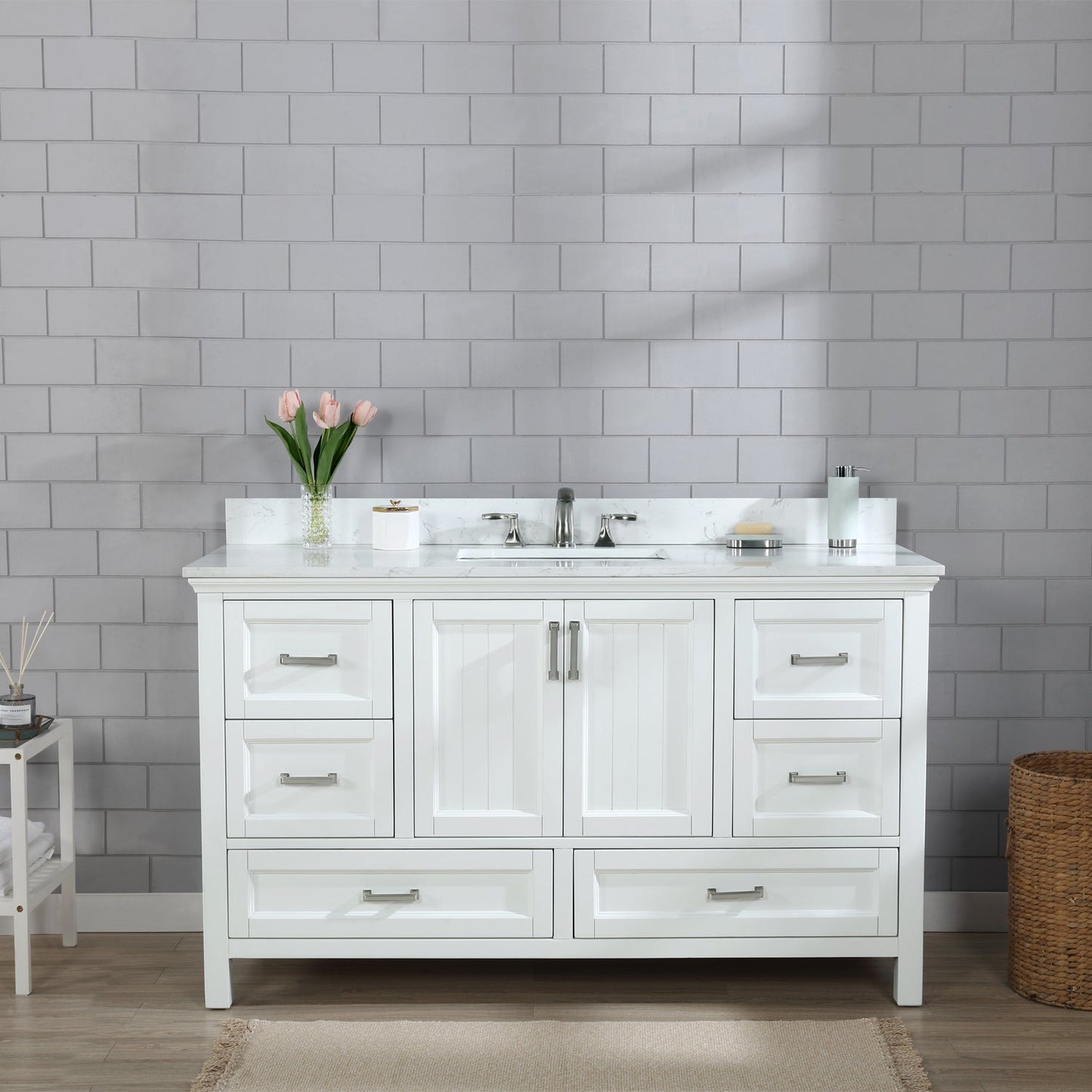 Isla 60" Single Bathroom Vanity Set in White and Aosta White Engineered Stone Countertop without Mirror