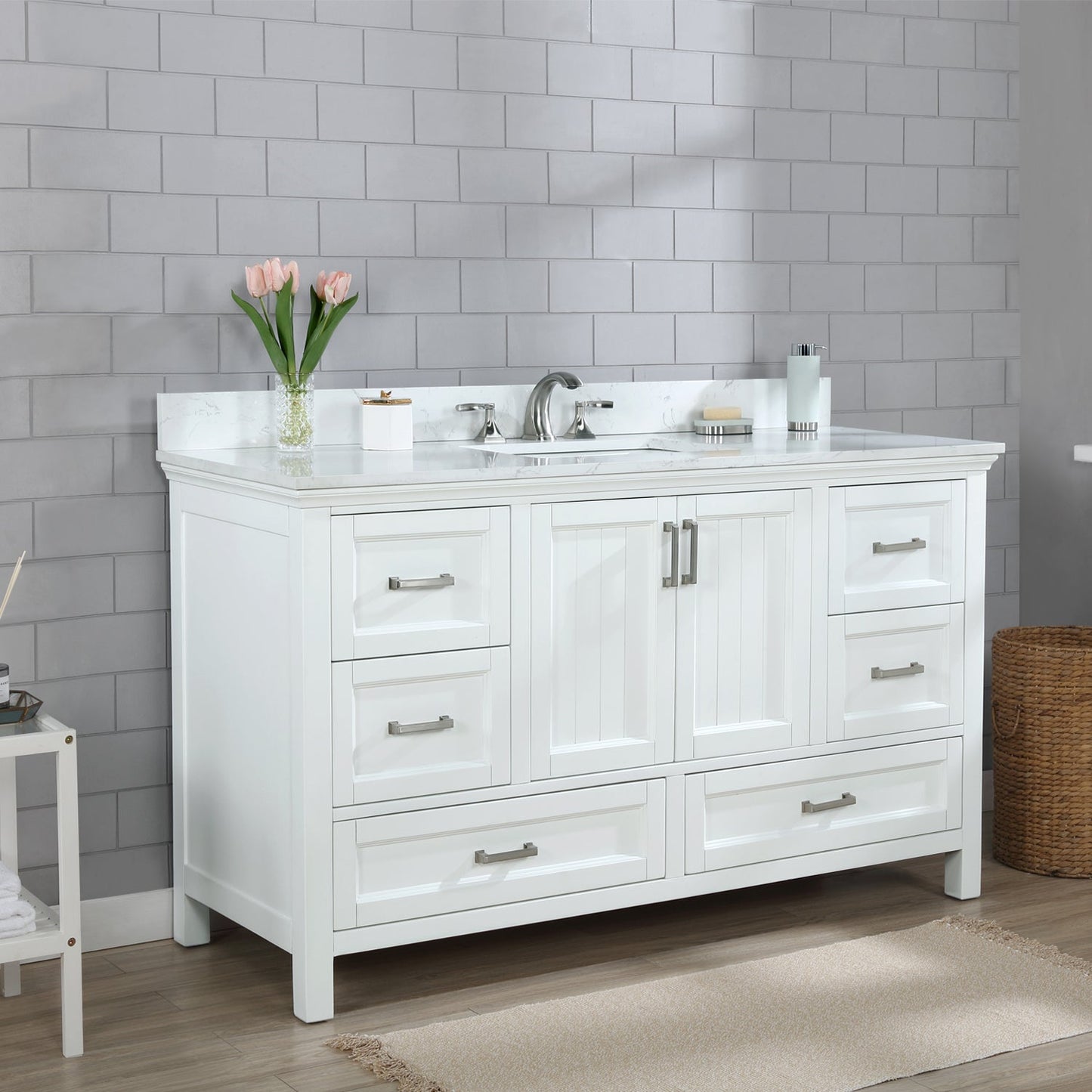 Isla 60" Single Bathroom Vanity Set in White and Aosta White Engineered Stone Countertop without Mirror