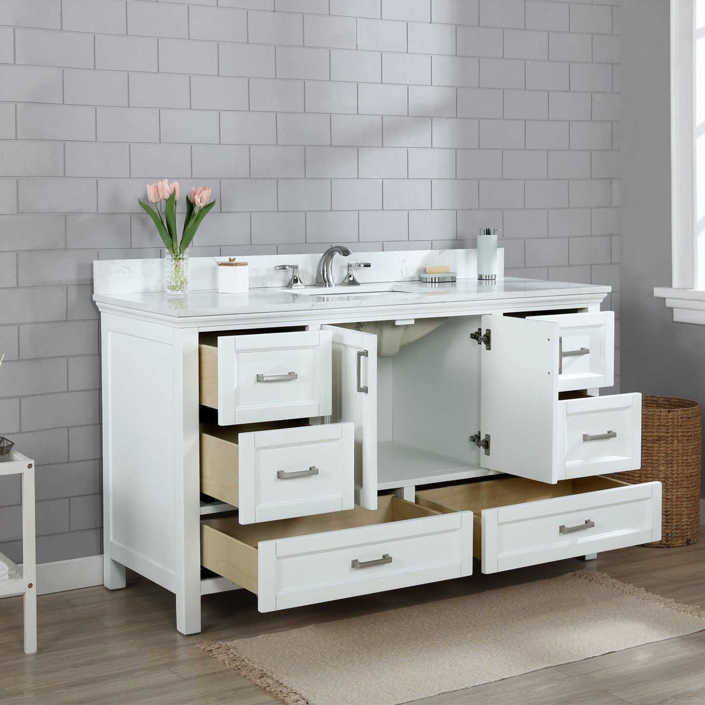 Isla 60" Single Bathroom Vanity Set in White and Aosta White Engineered Stone Countertop without Mirror