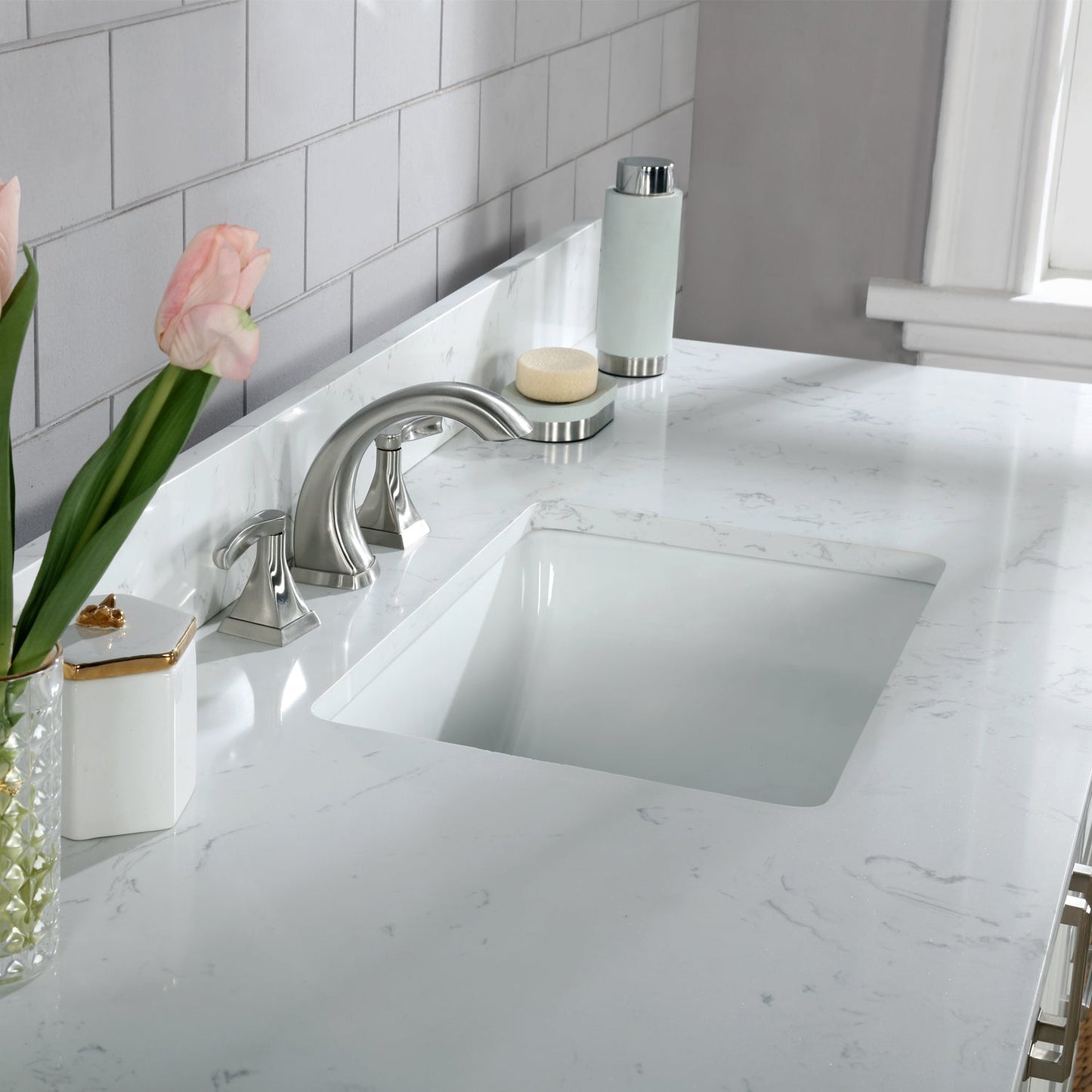 Isla 60" Single Bathroom Vanity Set in White and Aosta White Engineered Stone Countertop without Mirror