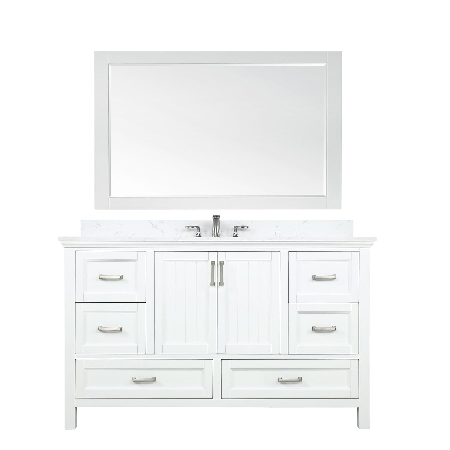 Isla 60" Single Bathroom Vanity Set in White and Aosta White Engineered Stone Countertop with Mirror